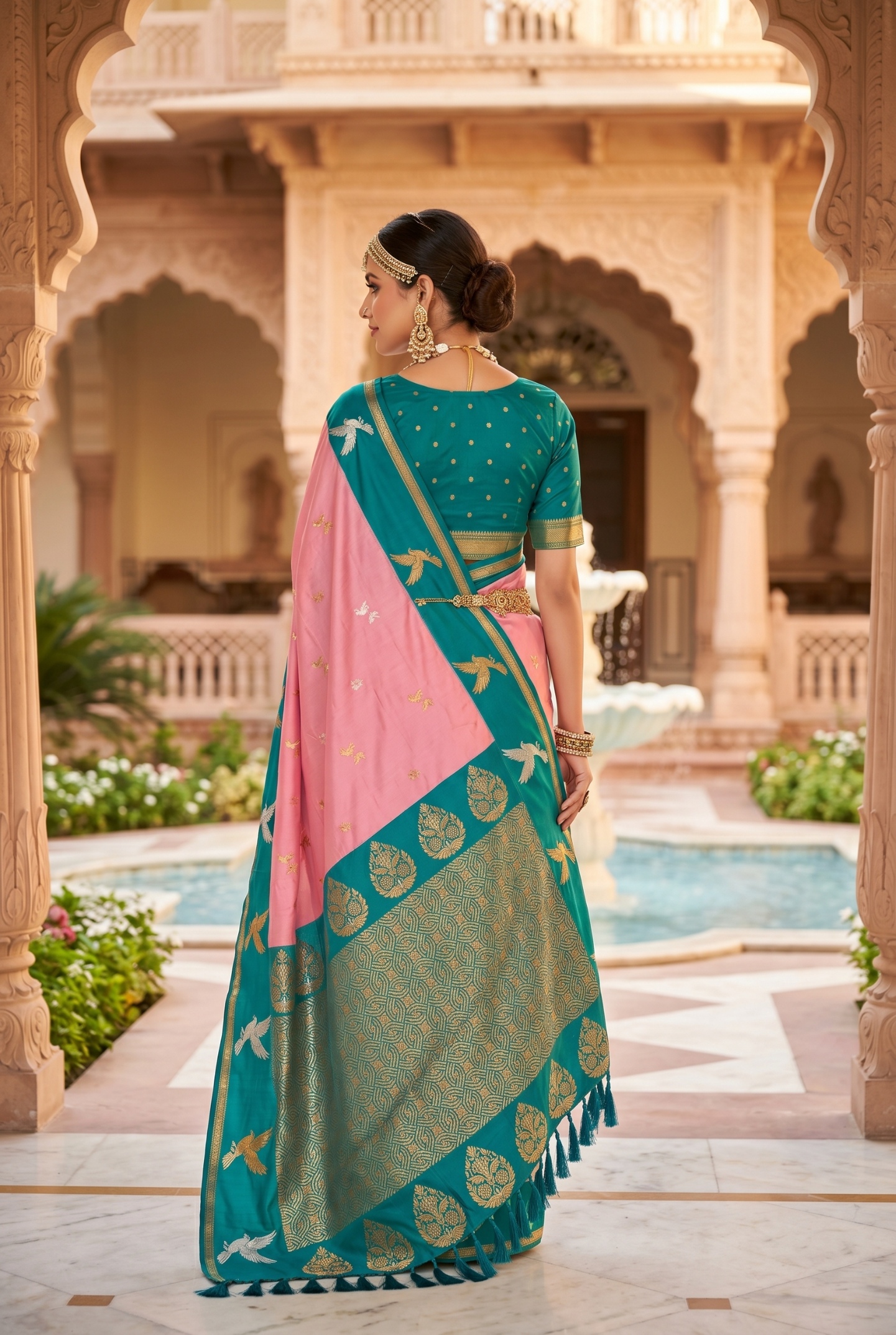 Baby Pink Bird Woven Soft Silk Saree — alternate view