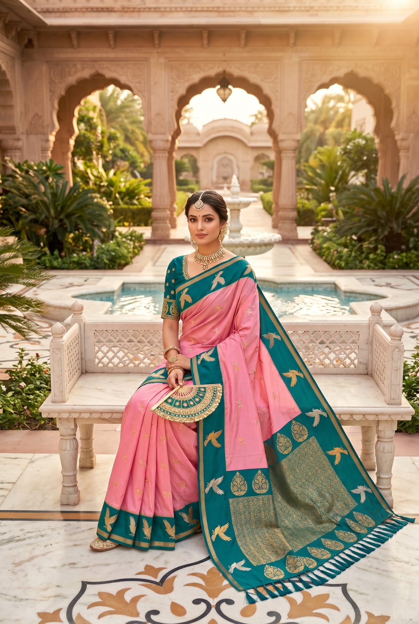 Baby Pink Bird Woven Soft Silk Saree
