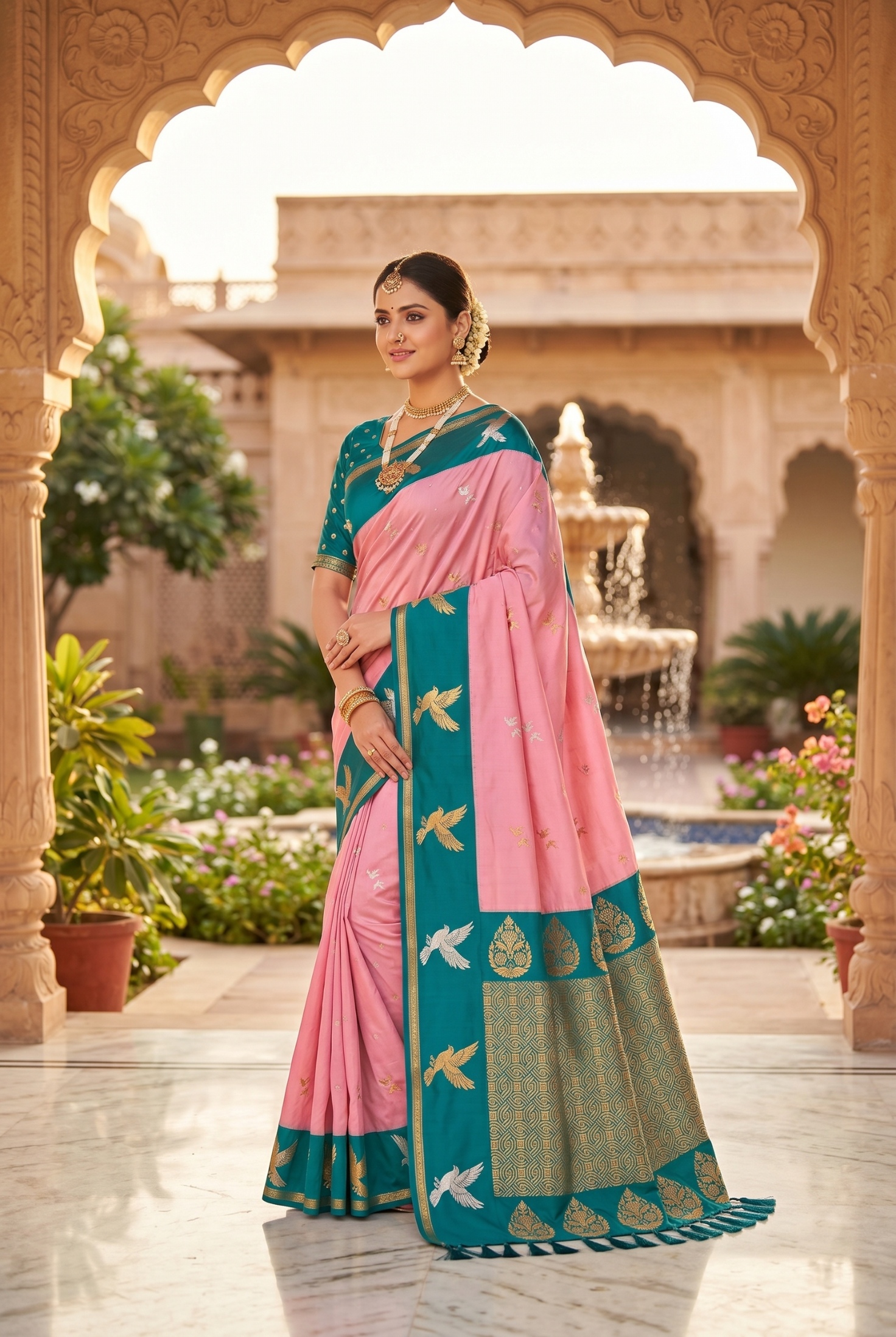 Baby Pink Bird Woven Soft Silk Saree