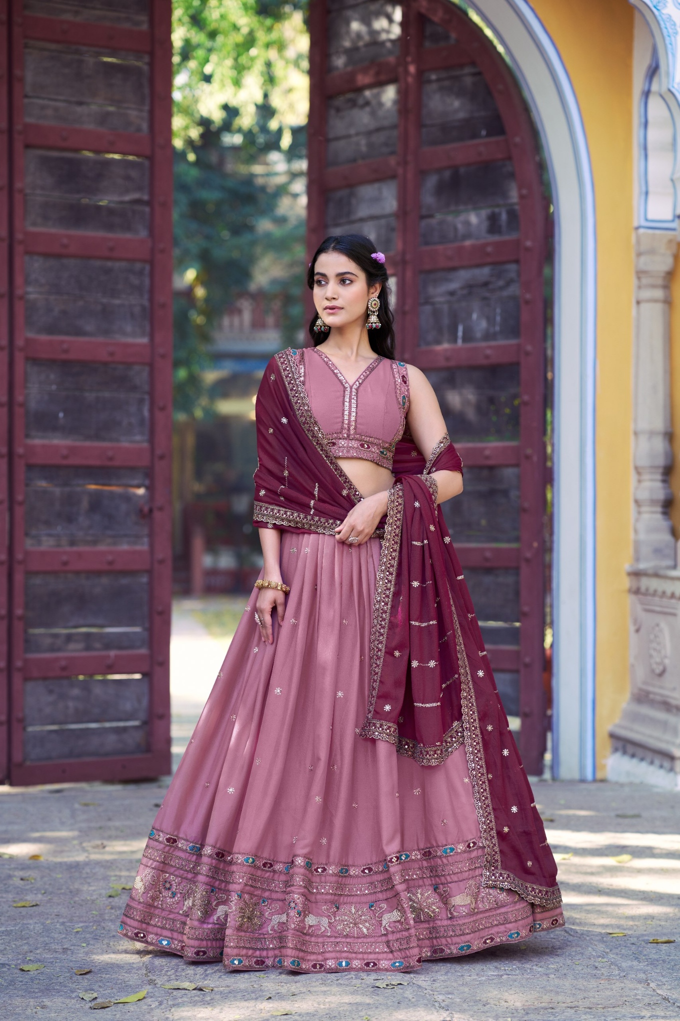 Baby Pink Contemporary Zari Star Georgette Lehenga