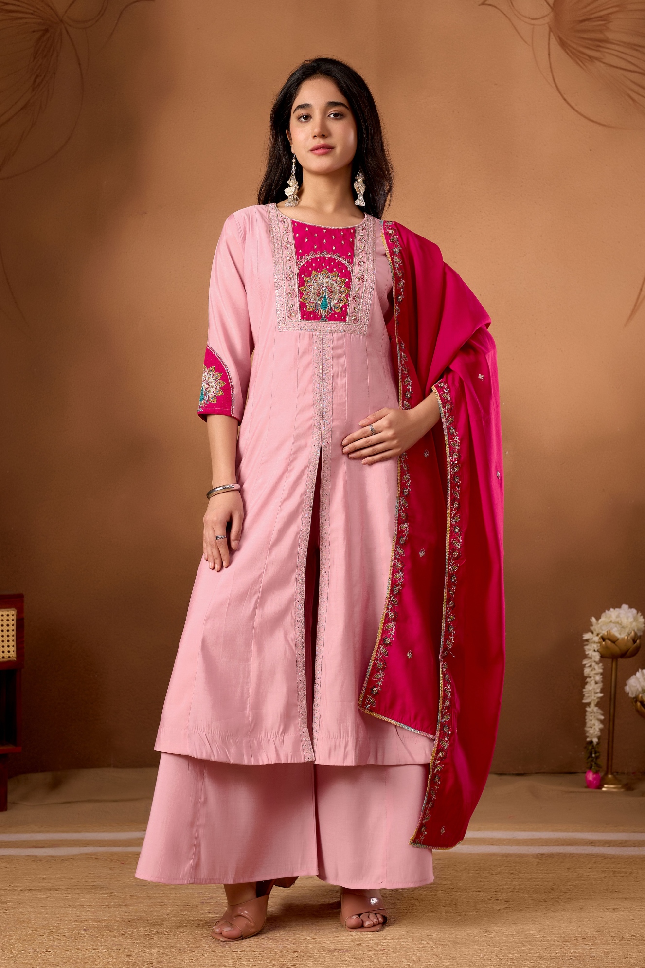 Baby Pink Designer Embroidered Roman Silk Palazzo Suit