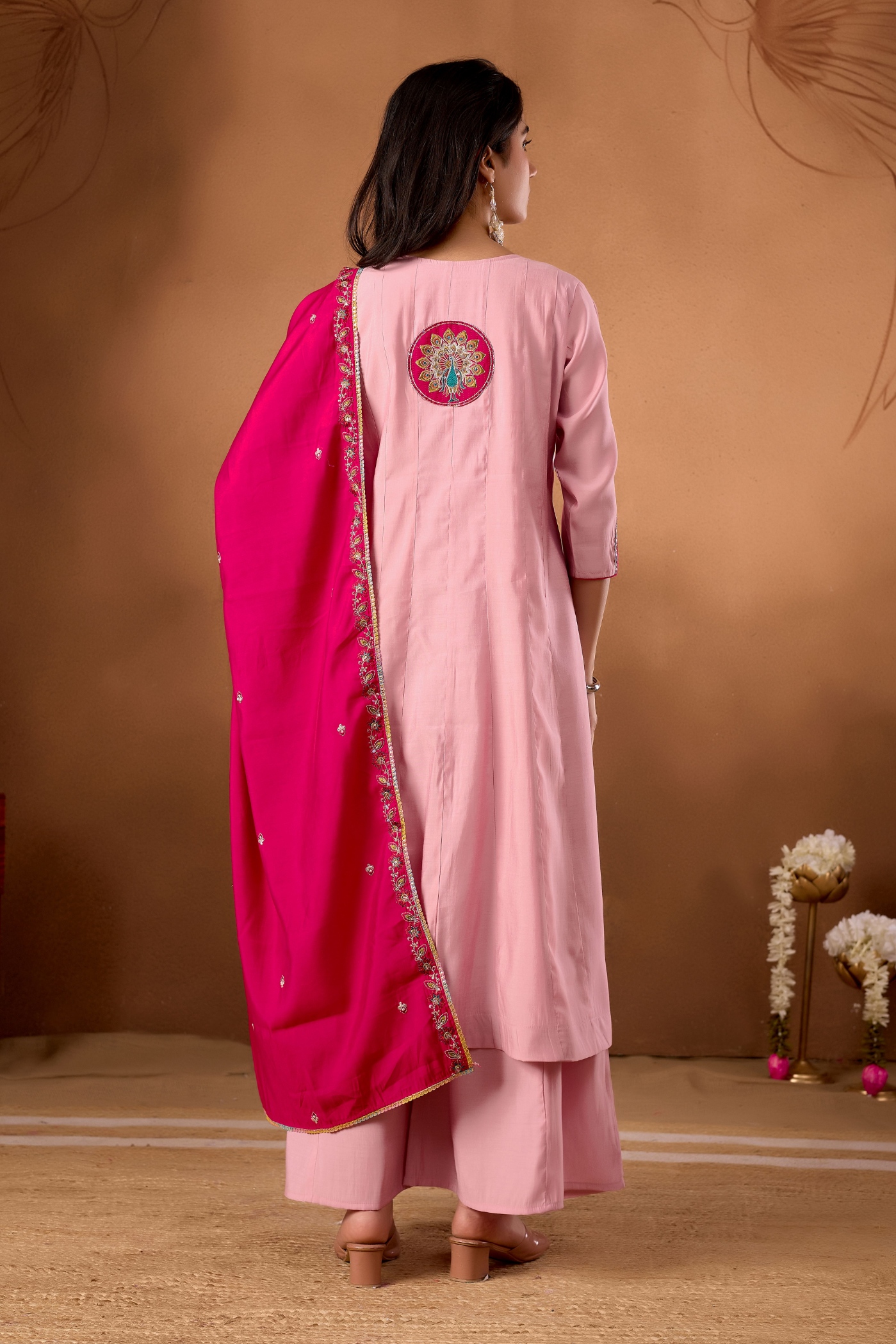 Baby Pink Designer Embroidered Roman Silk Palazzo Suit — alternate view