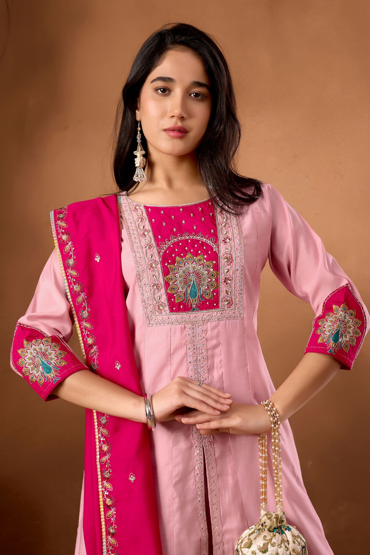 Baby Pink Designer Embroidered Roman Silk Palazzo Suit