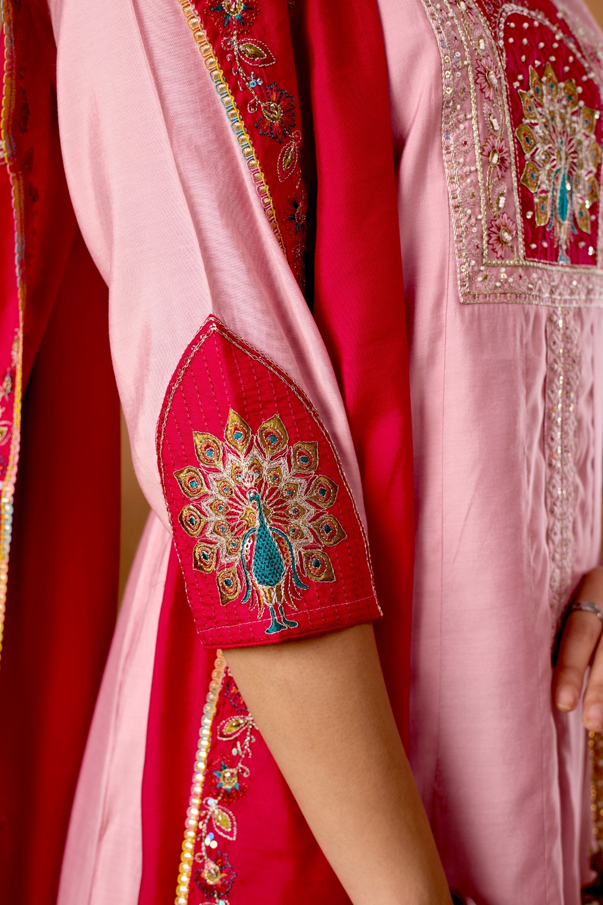 Baby Pink Designer Embroidered Roman Silk Palazzo Suit