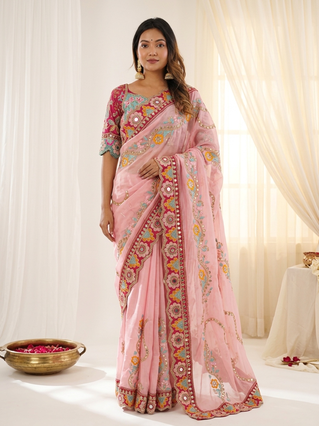 Baby Pink Designer Embroidery Rangoli Silk Saree