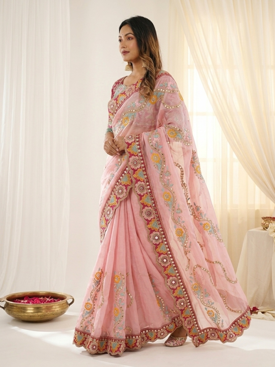 Baby Pink Designer Embroidery Rangoli Silk Saree — alternate view