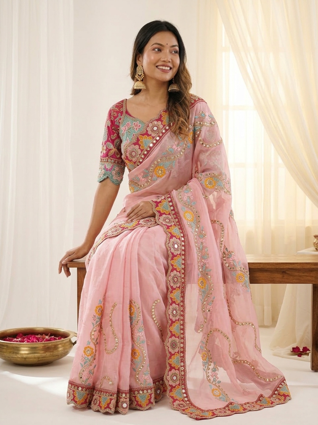 Baby Pink Designer Embroidery Rangoli Silk Saree