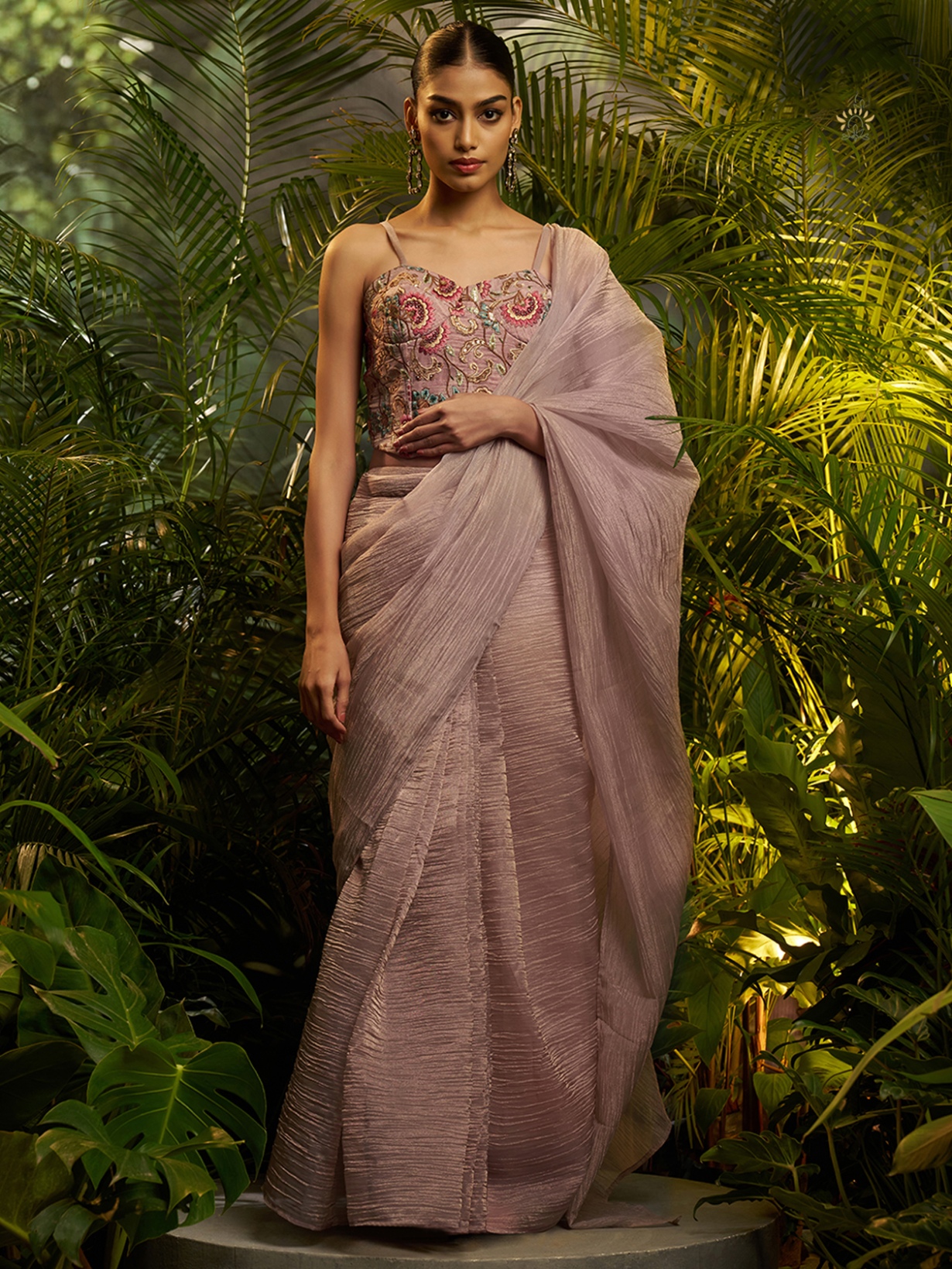 Baby Pink Designer Embroidery Tissue Ready To Wear Saree