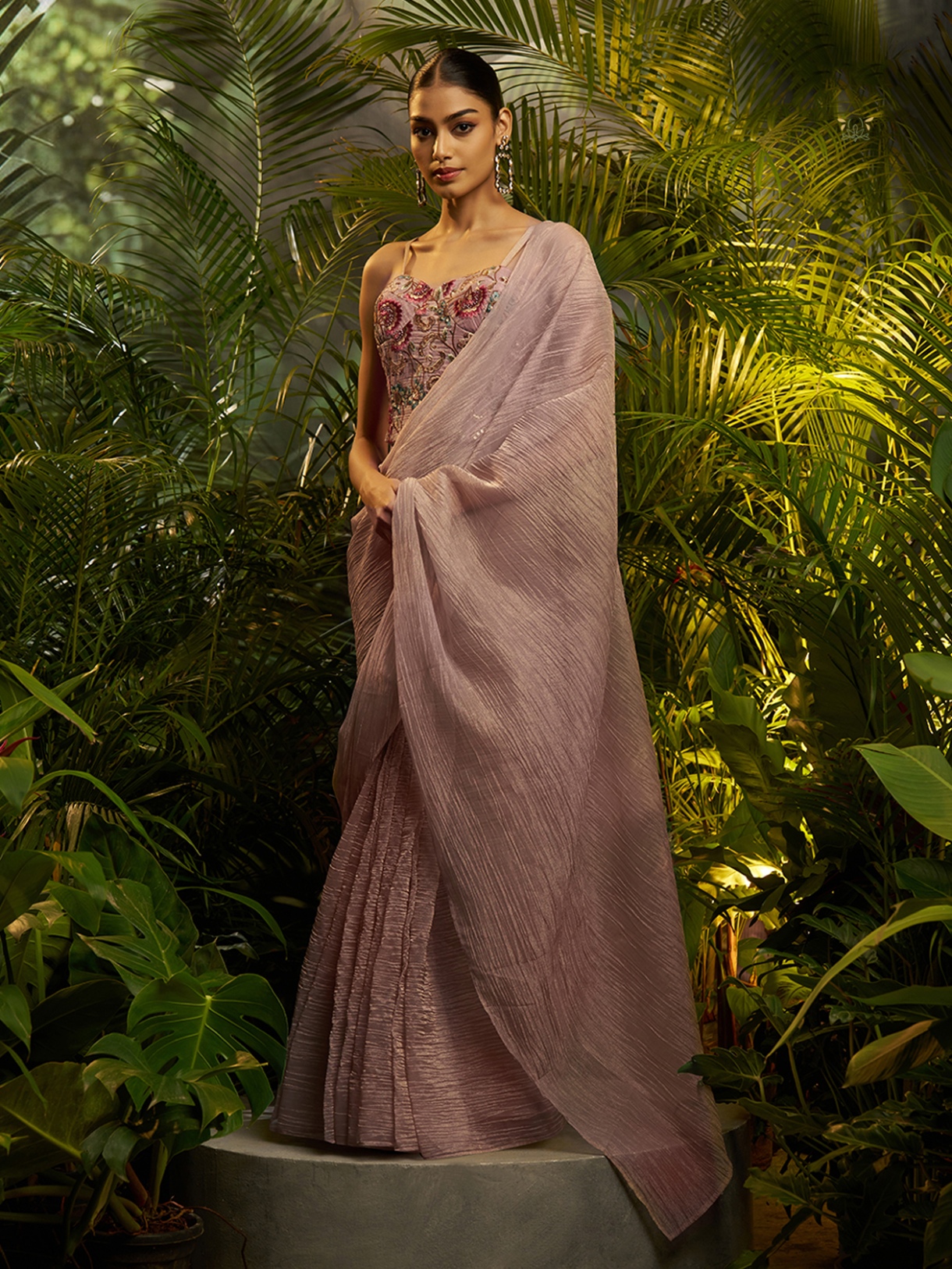 Baby Pink Designer Embroidery Tissue Ready To Wear Saree