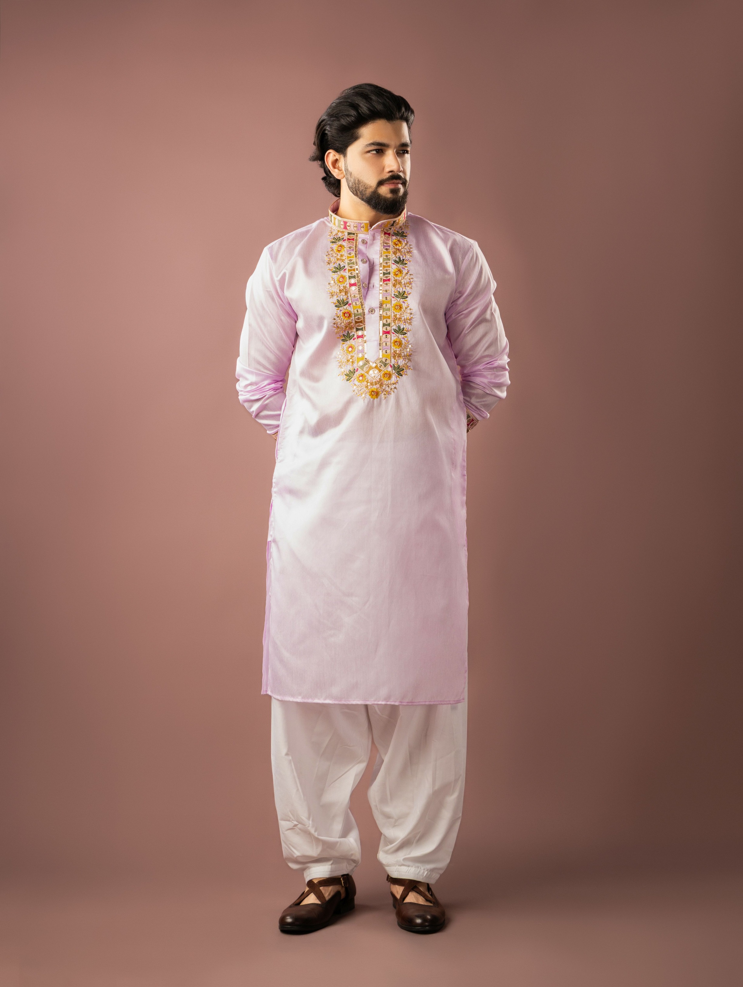 Baby Pink Designer Neck Linen Embroidered Kurta Pyjama