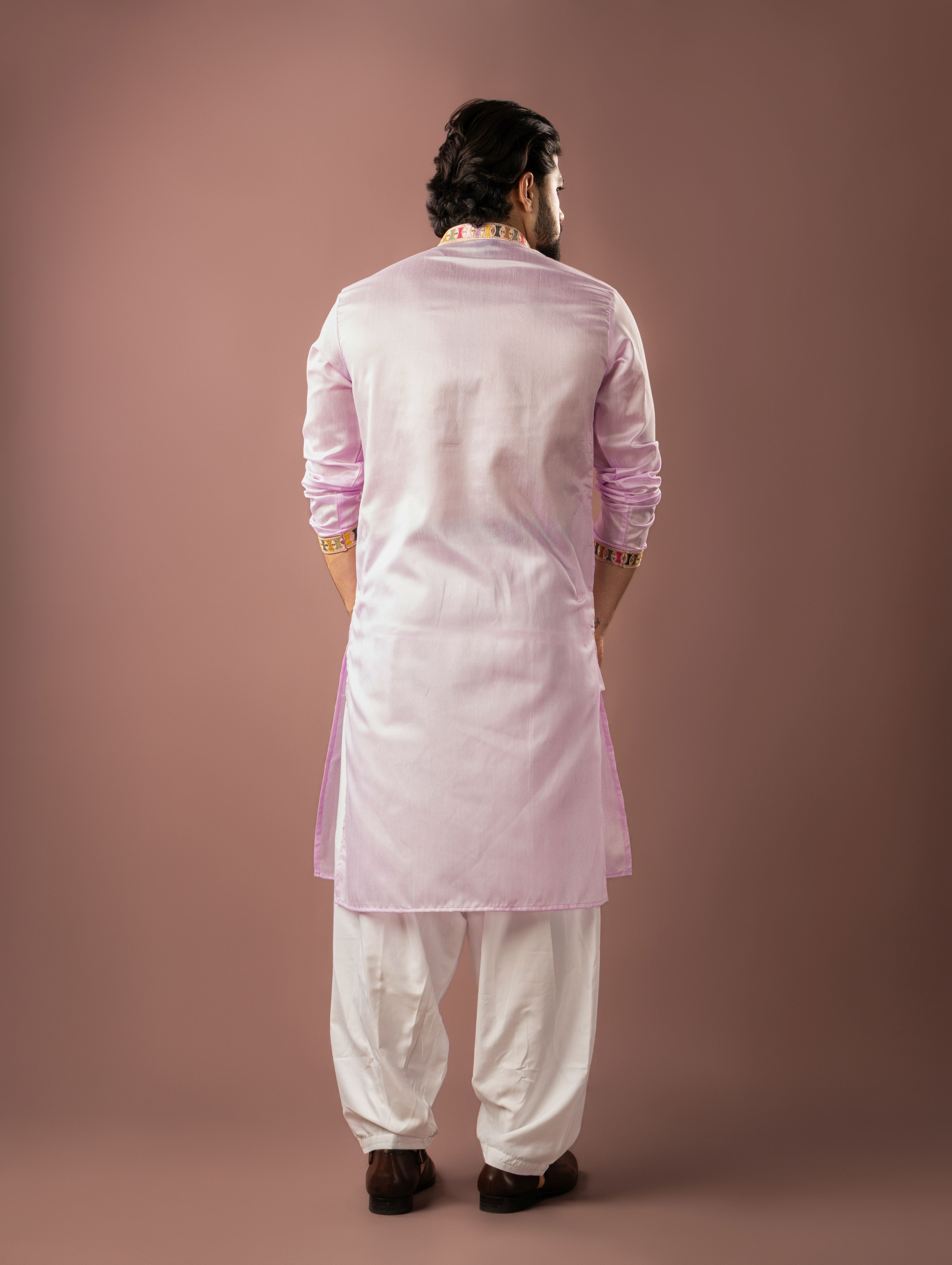 Baby Pink Designer Neck Linen Embroidered Kurta Pyjama — alternate view