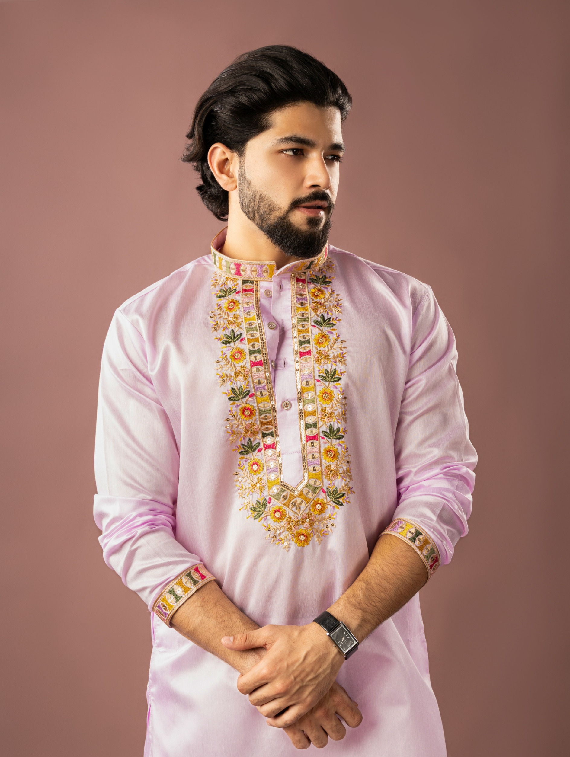 Baby Pink Designer Neck Linen Embroidered Kurta Pyjama