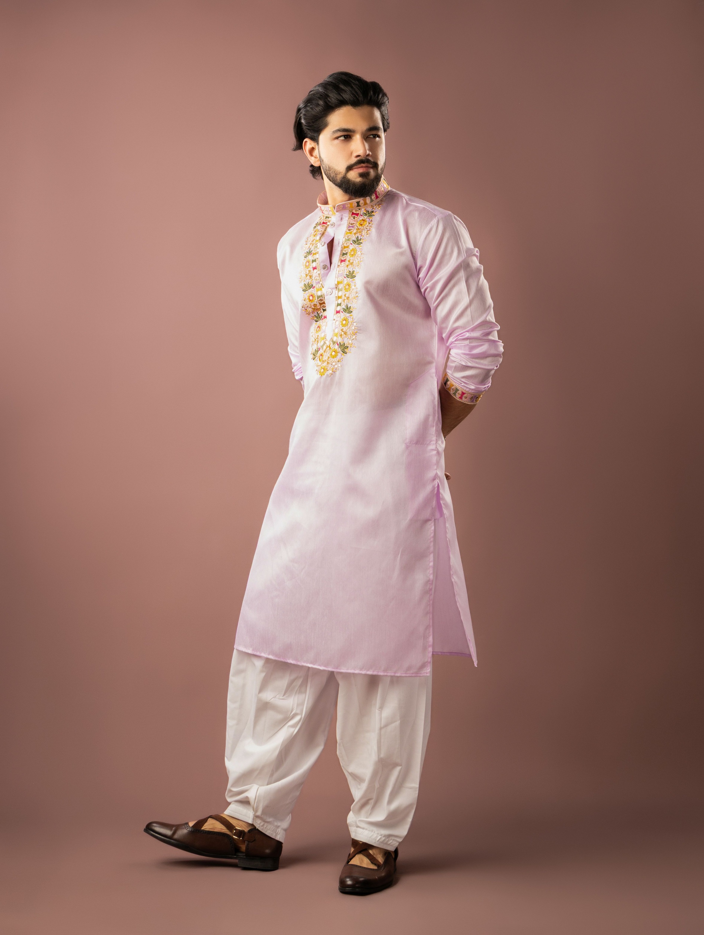 Baby Pink Designer Neck Linen Embroidered Kurta Pyjama