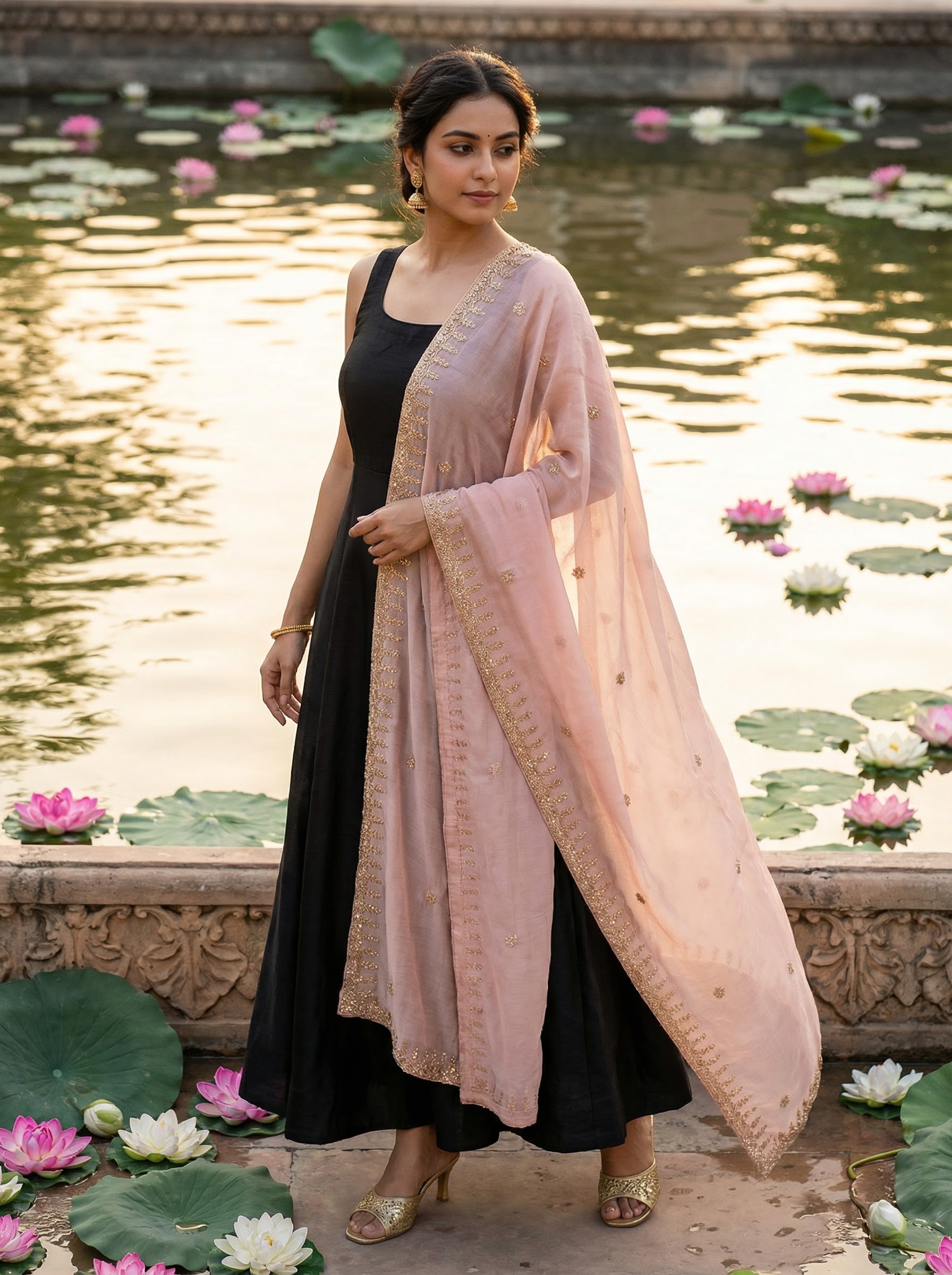 Baby Pink Dori Embroidered Organza Dupatta