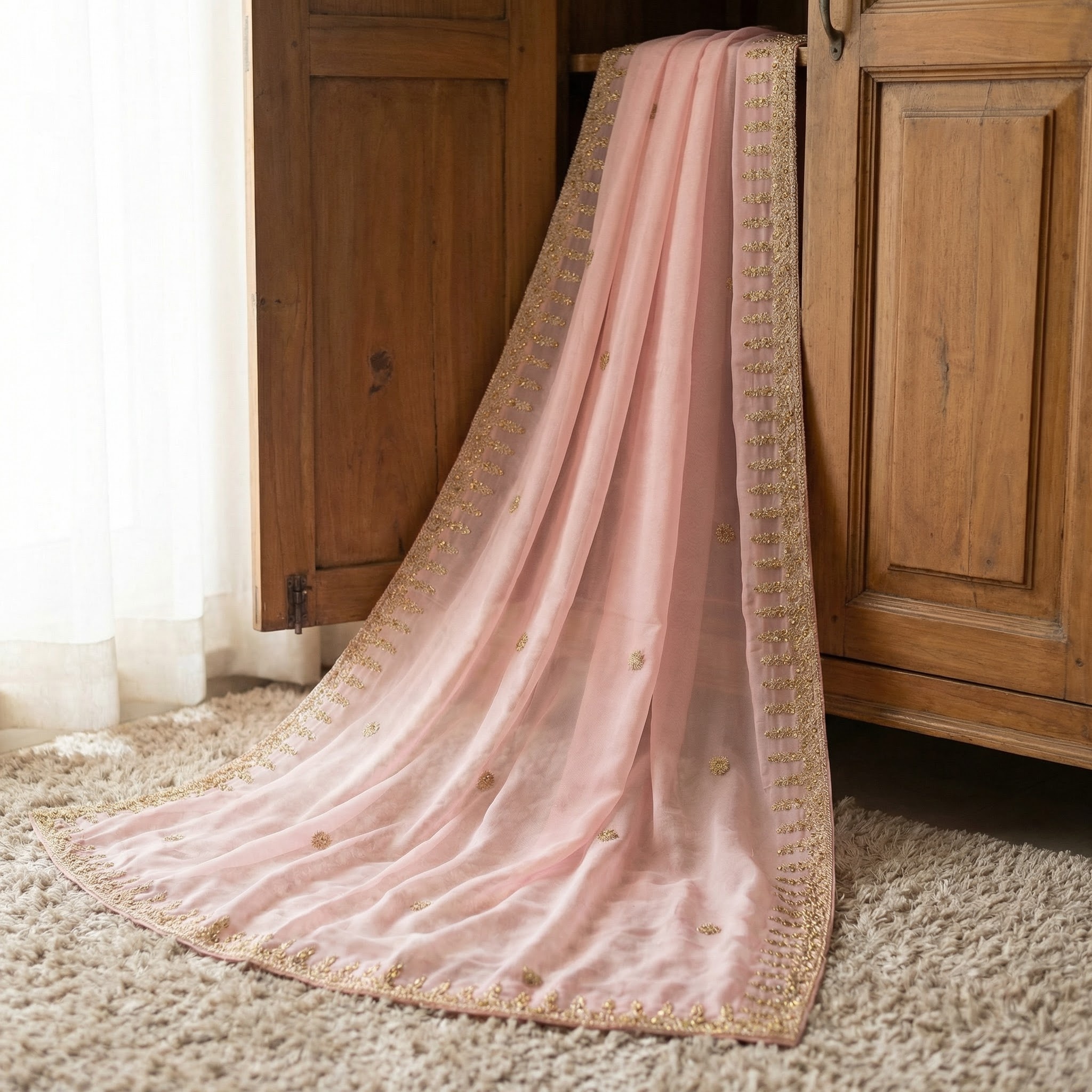Baby Pink Dori Embroidered Organza Dupatta — alternate view