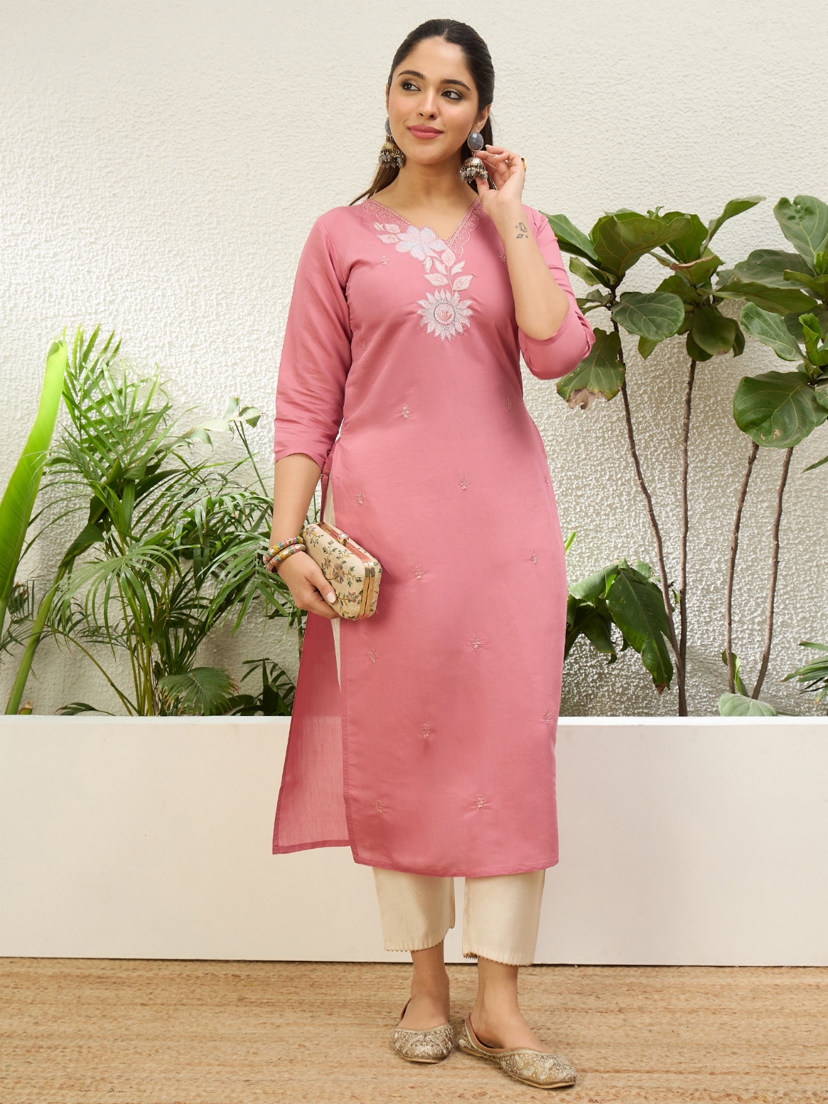 Baby Pink Embroidered Pattern Embroidery Silk Kurti