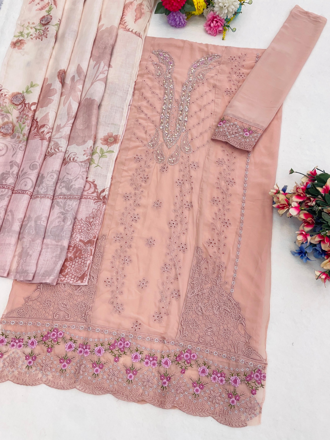 Baby Pink Floral Embroidered Georgette Salwar Suit