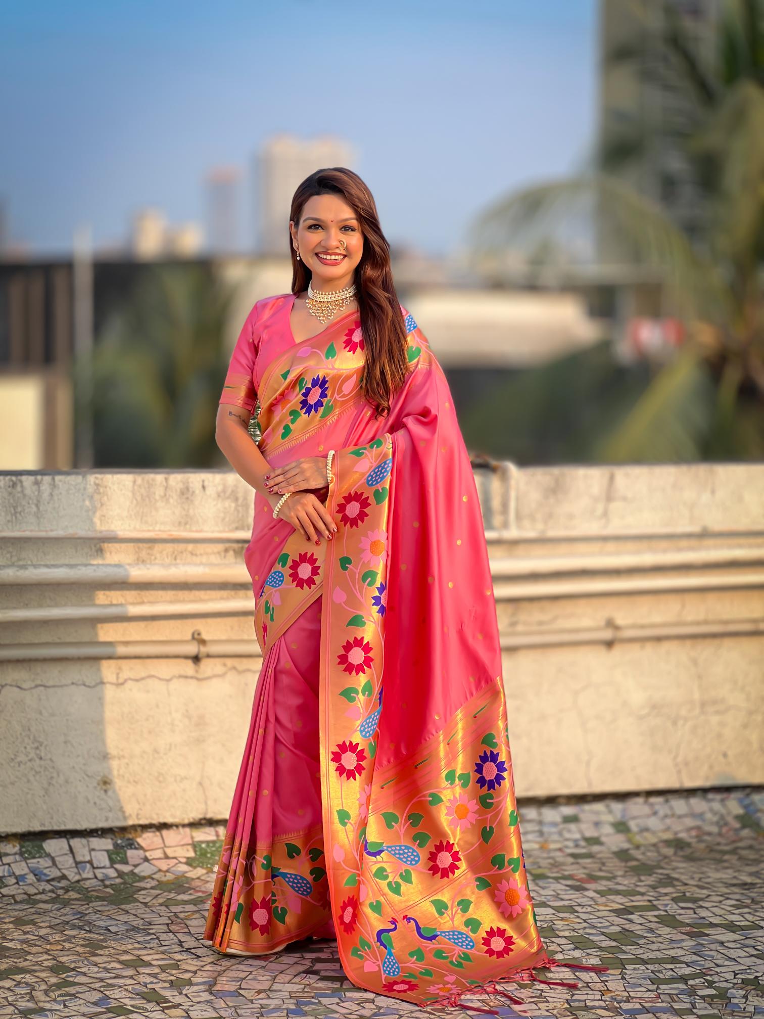 Baby Pink Floral N Peacock Motif Paithani Silk Saree