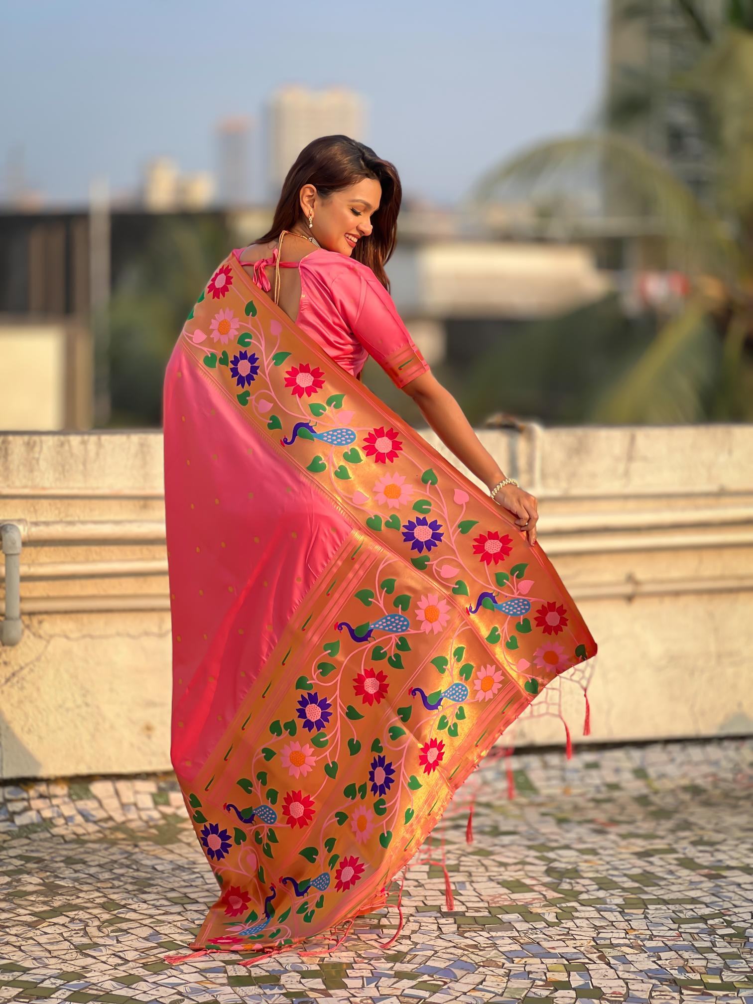 Baby Pink Floral N Peacock Motif Paithani Silk Saree — alternate view