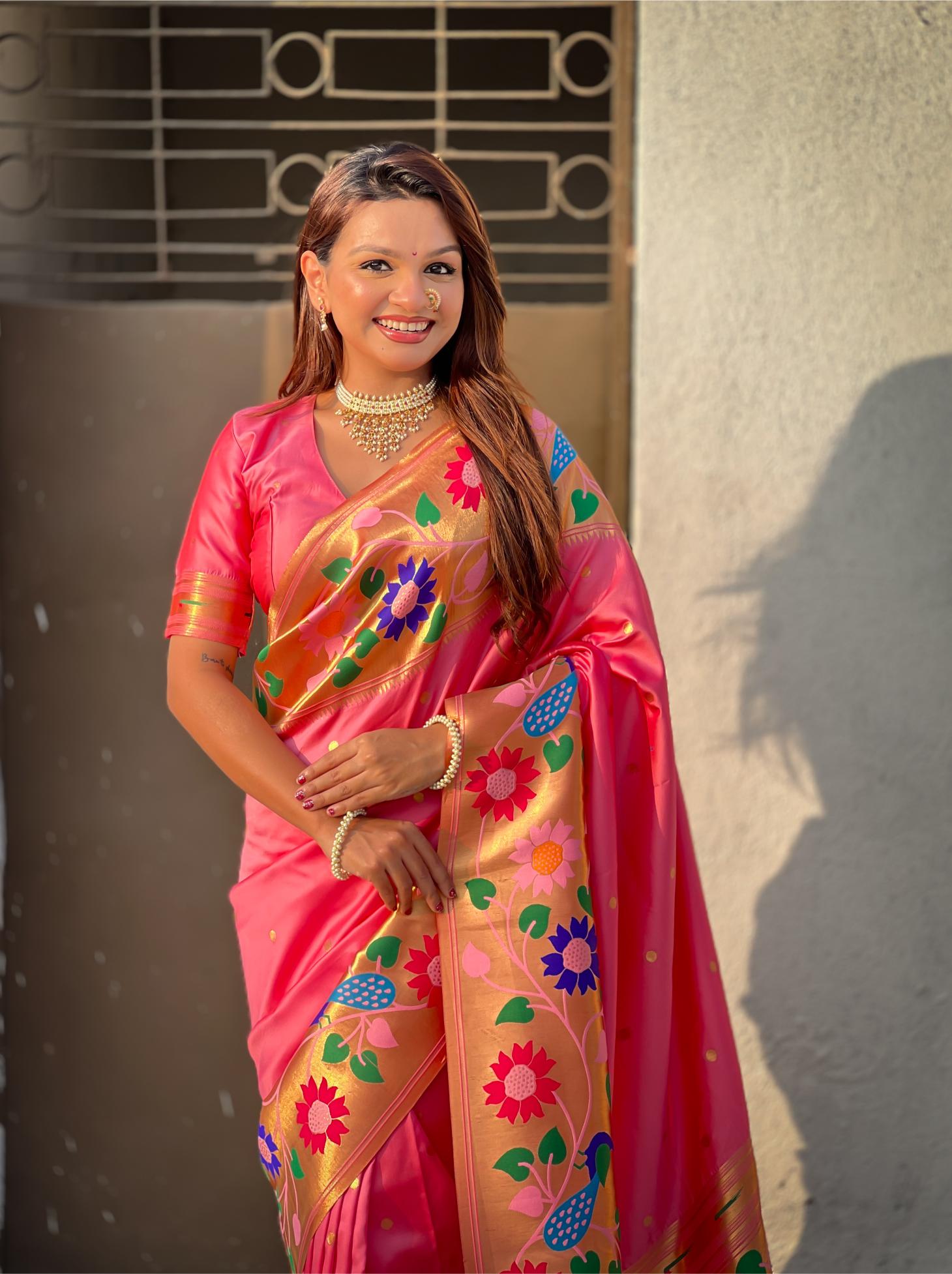 Baby Pink Floral N Peacock Motif Paithani Silk Saree