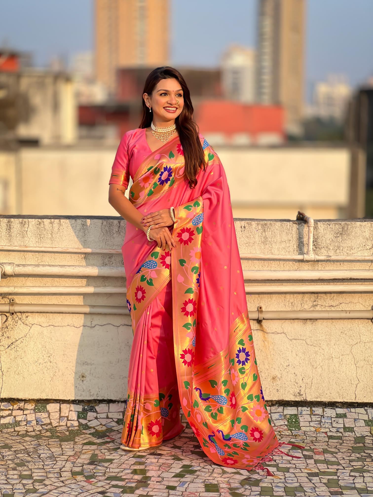 Baby Pink Floral N Peacock Motif Paithani Silk Saree