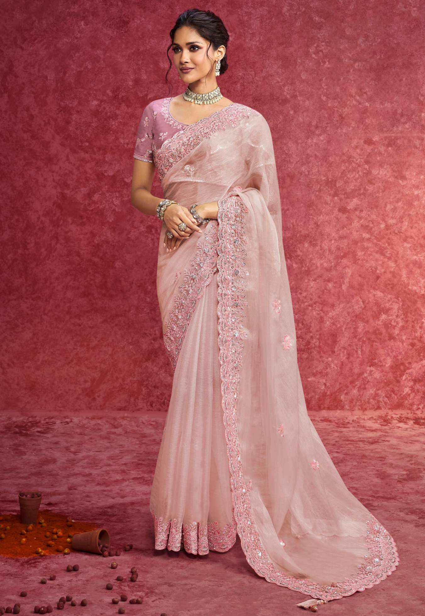 Baby Pink Floral Pure Weave Saree