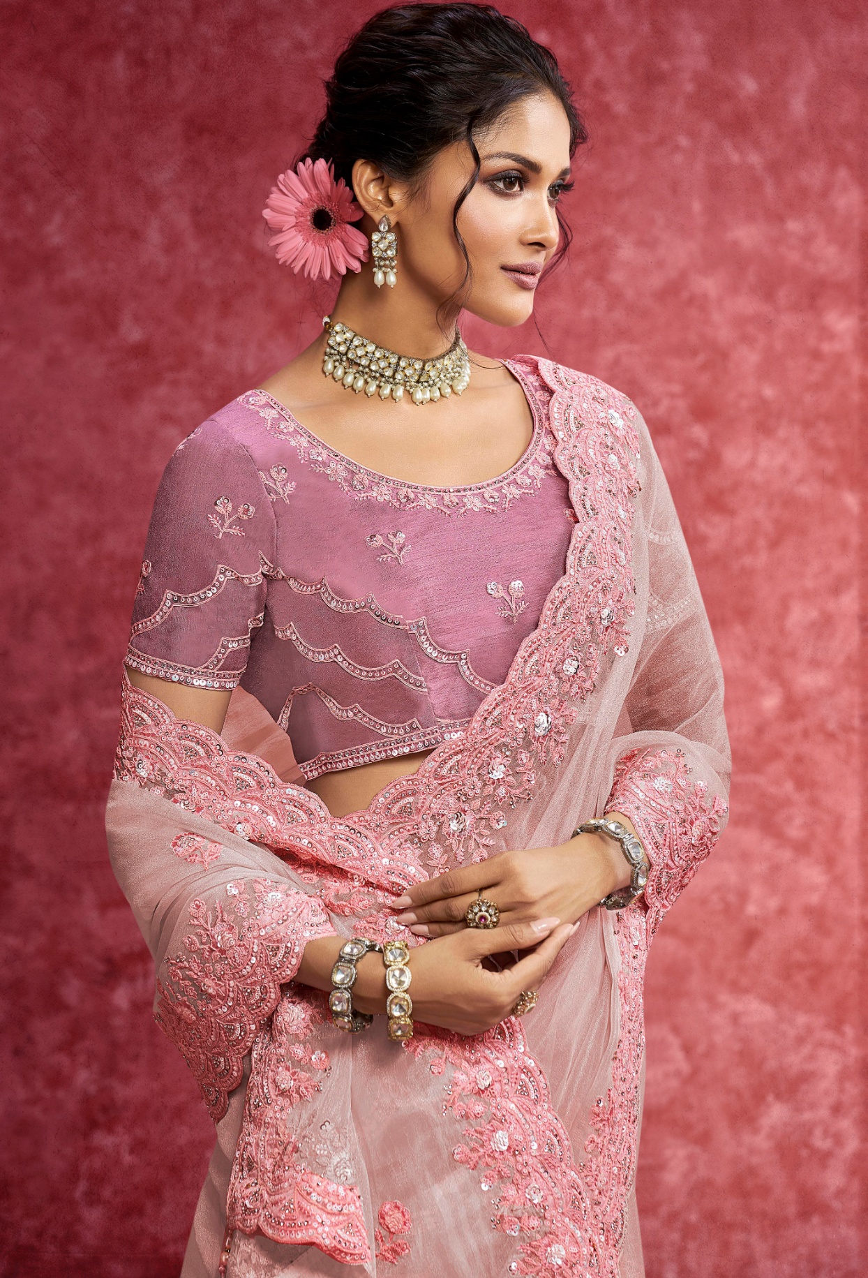Baby Pink Floral Pure Weave Saree