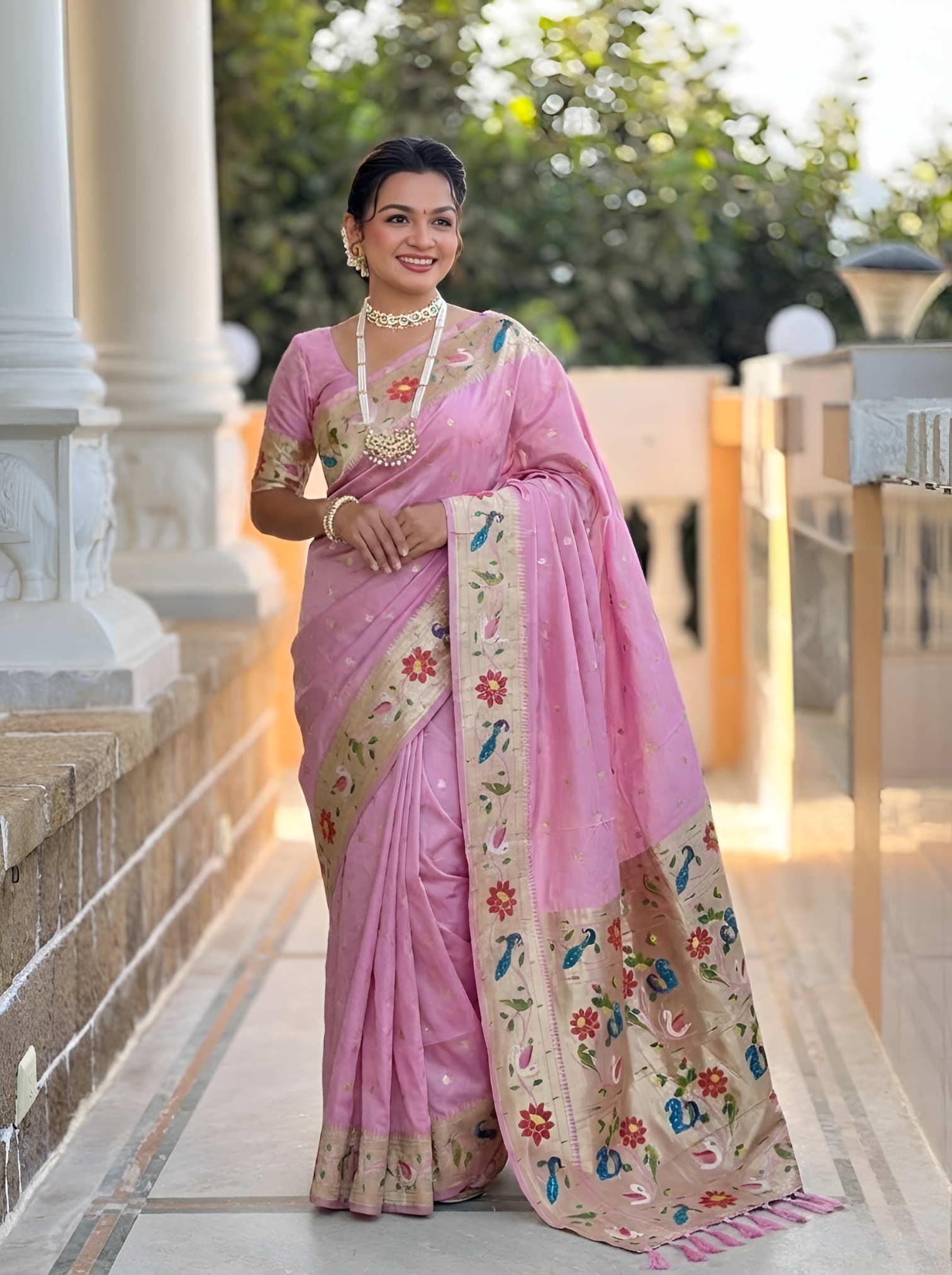Baby Pink Floral Woven Silk Saree