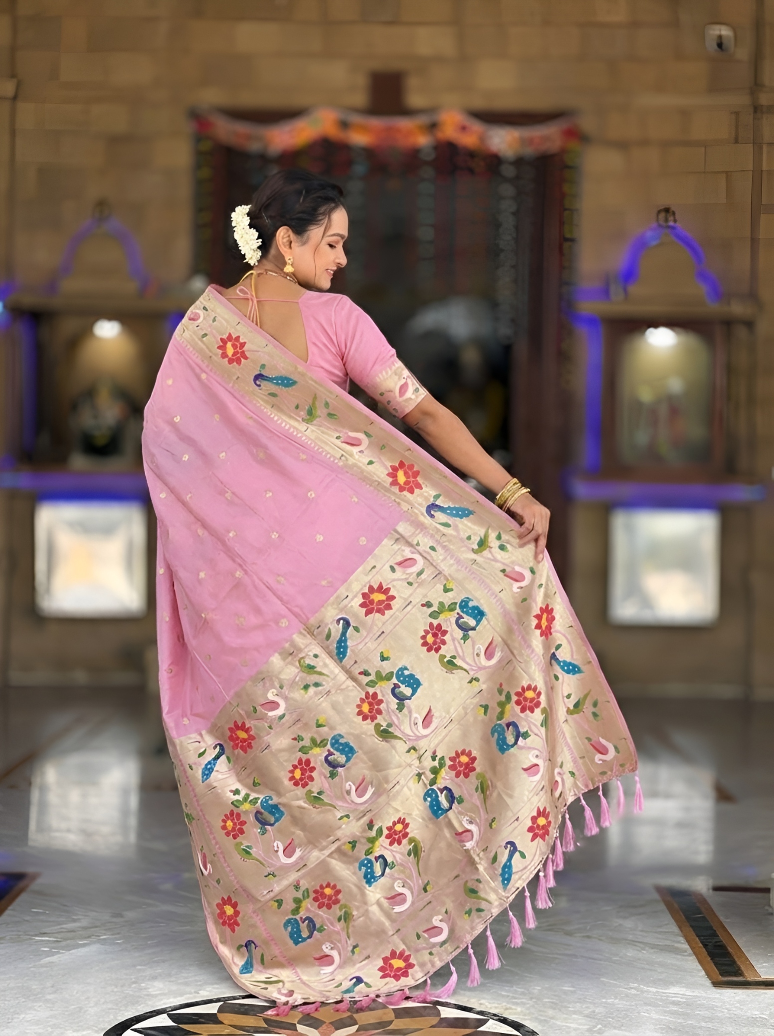 Baby Pink Floral Woven Silk Saree — alternate view