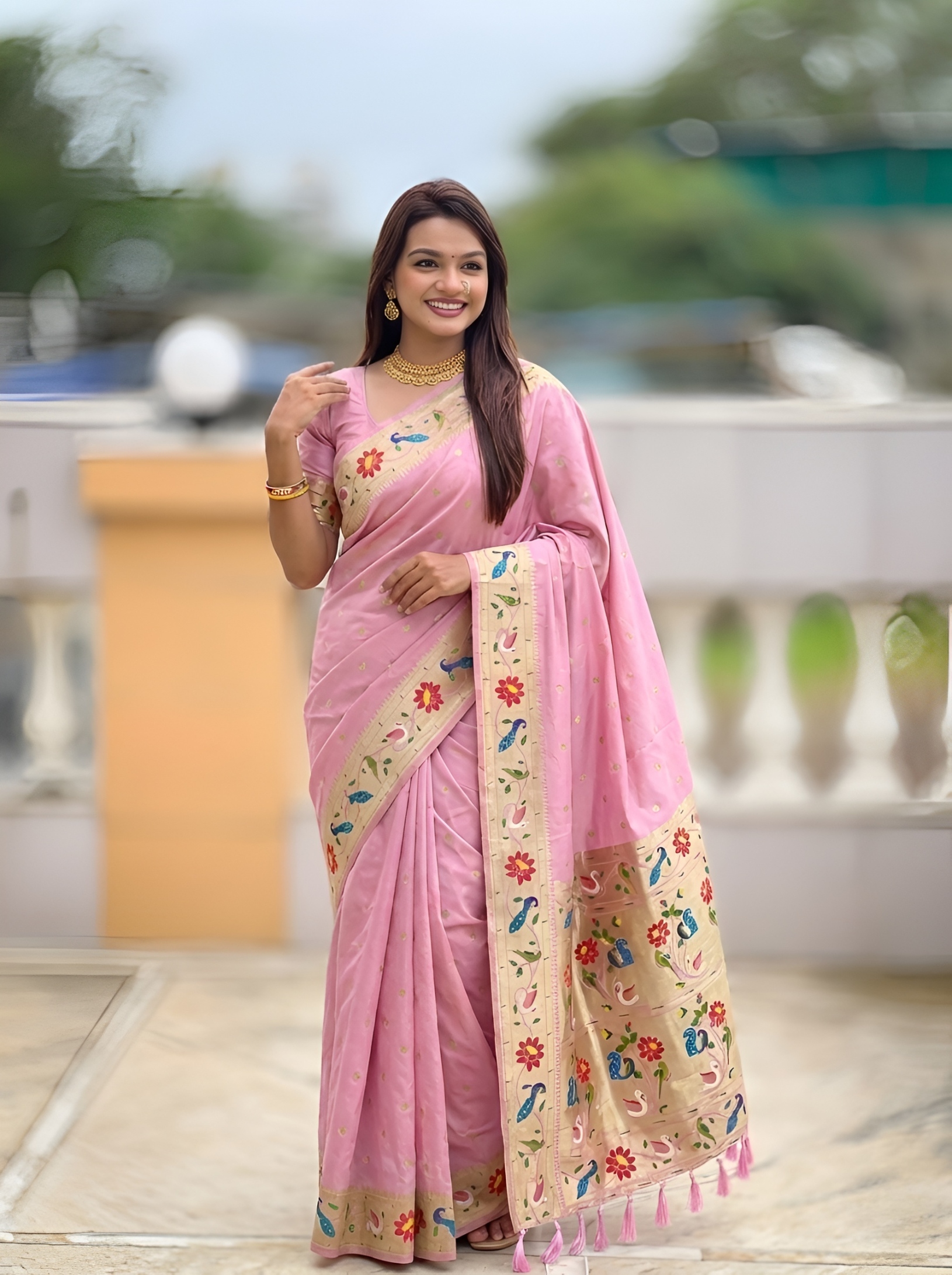 Baby Pink Floral Woven Silk Saree