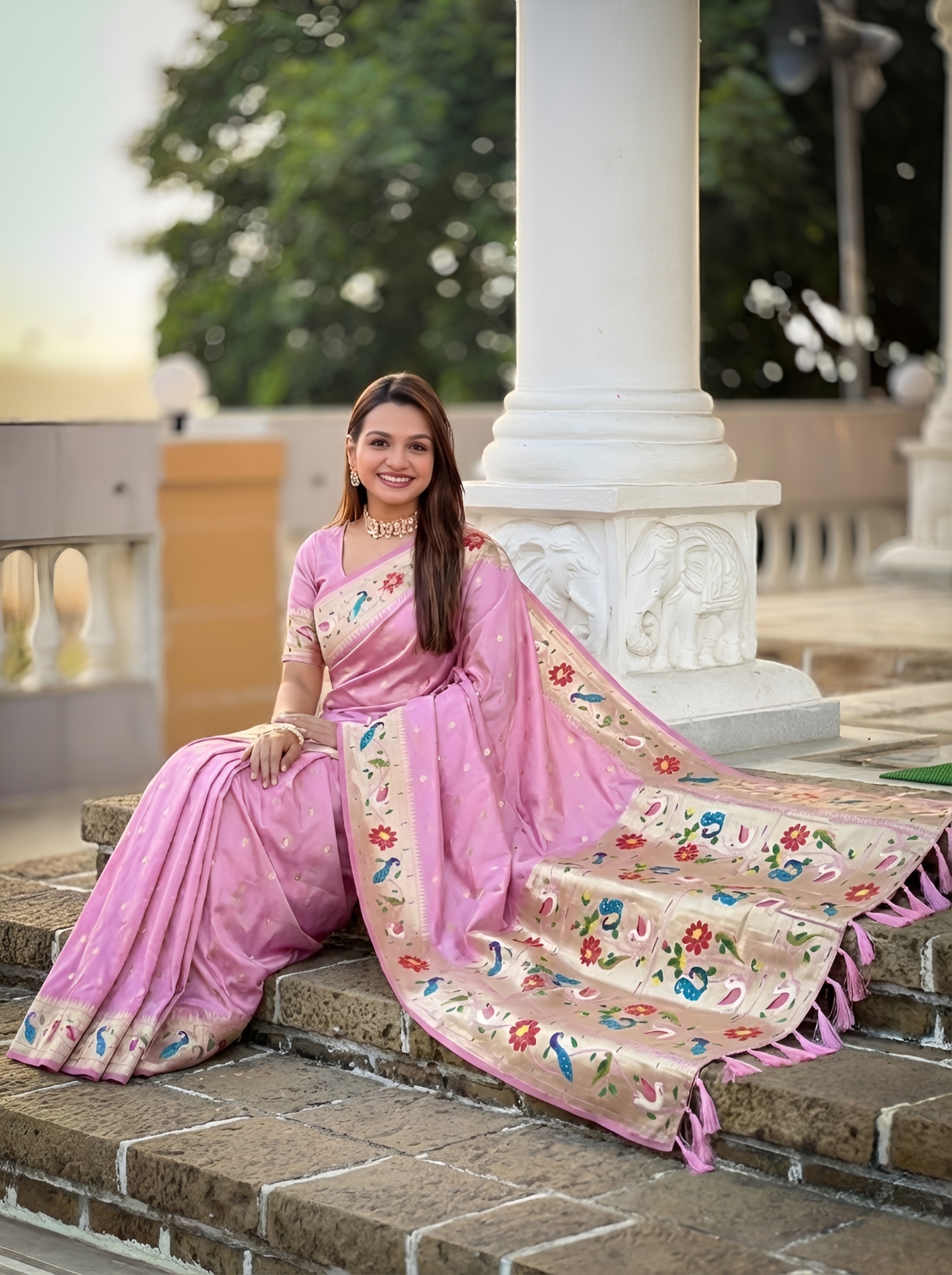 Baby Pink Floral Woven Silk Saree
