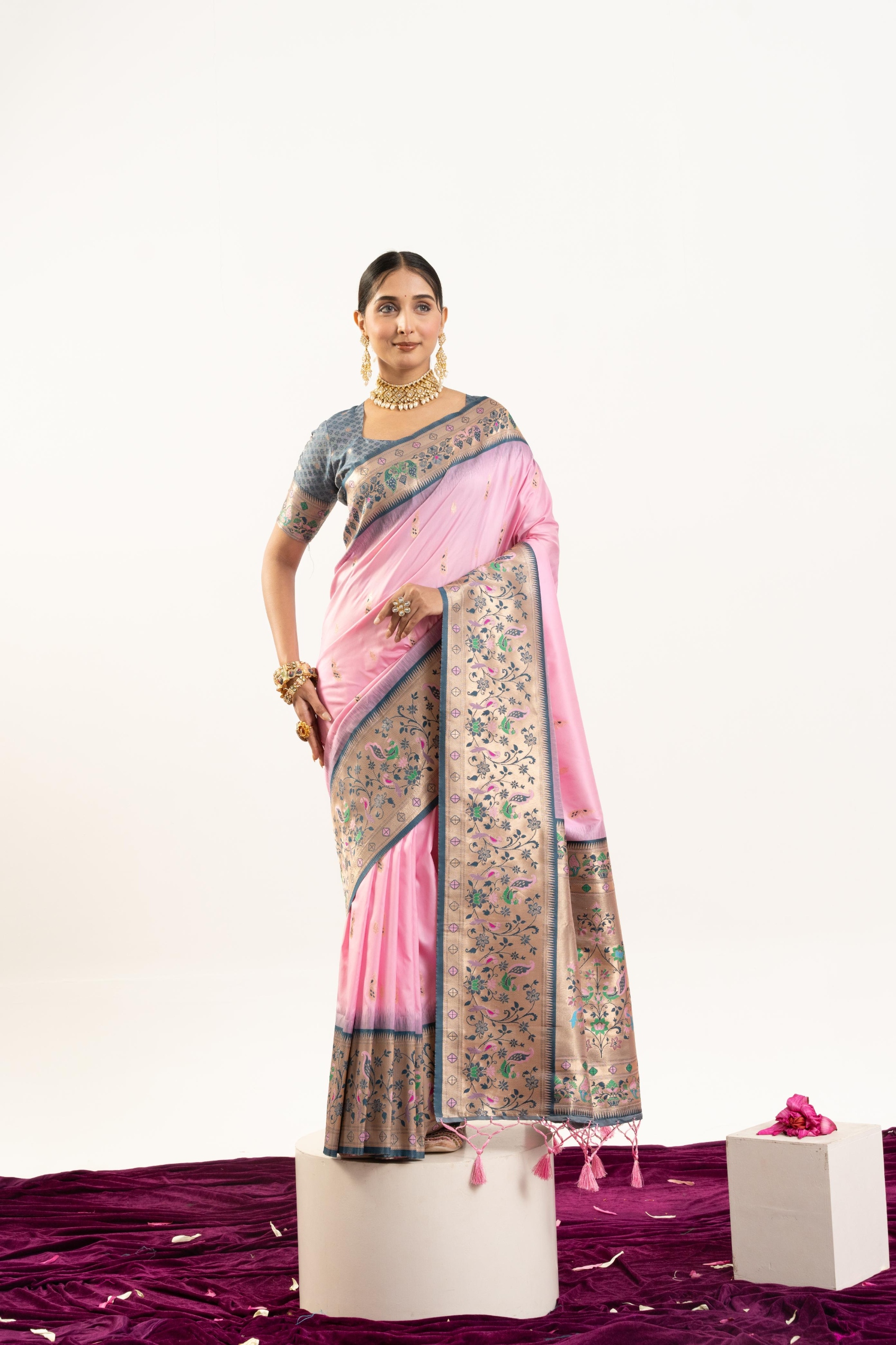 Baby Pink Grey Paithani Woven Banarasi Silk Saree