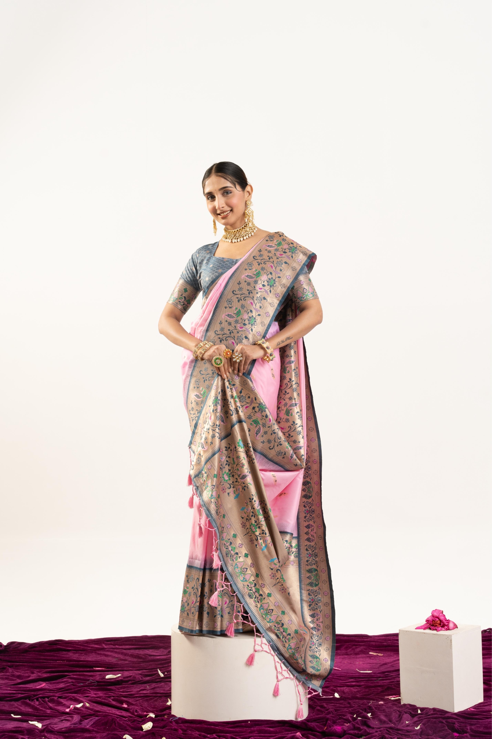 Baby Pink Grey Paithani Woven Banarasi Silk Saree — alternate view