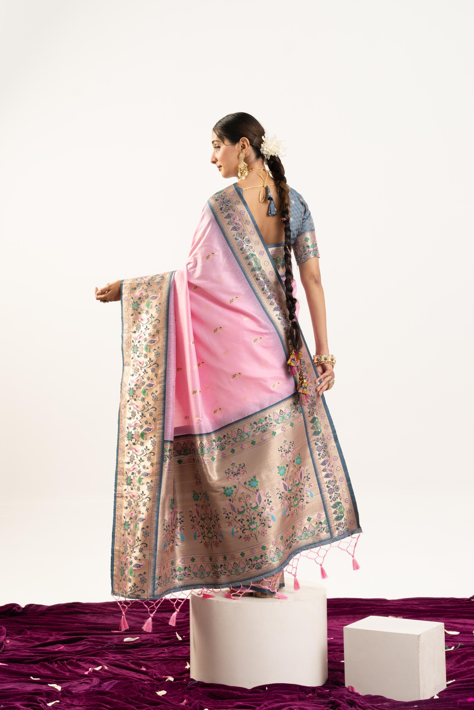 Baby Pink Grey Paithani Woven Banarasi Silk Saree