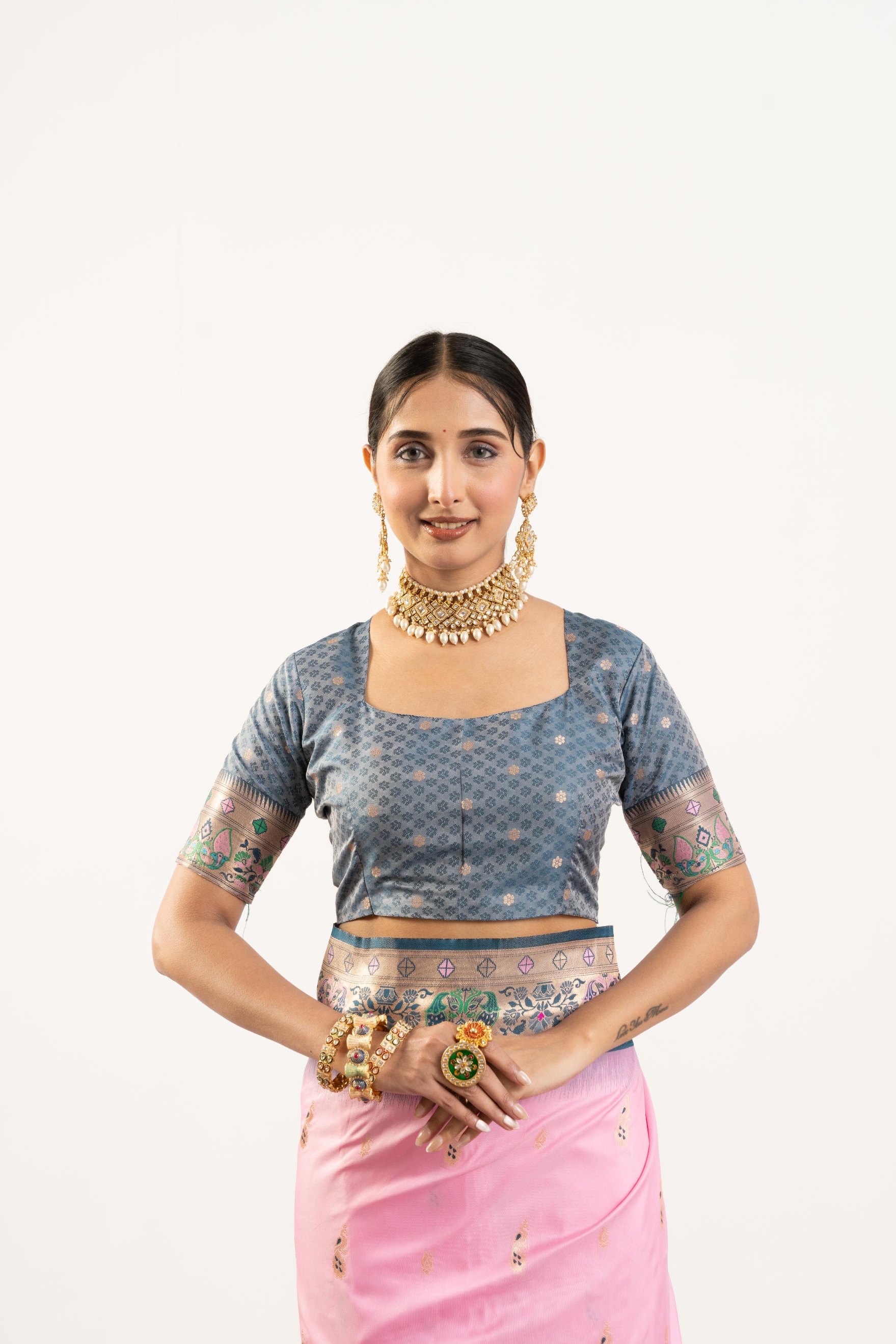 Baby Pink Grey Paithani Woven Banarasi Silk Saree