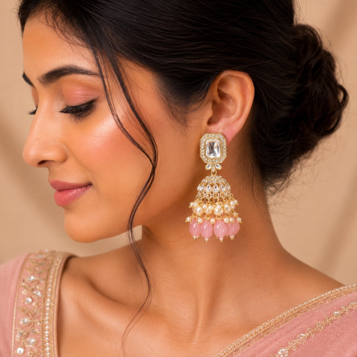 Baby Pink Kundan Pearl Jhumka Earrings