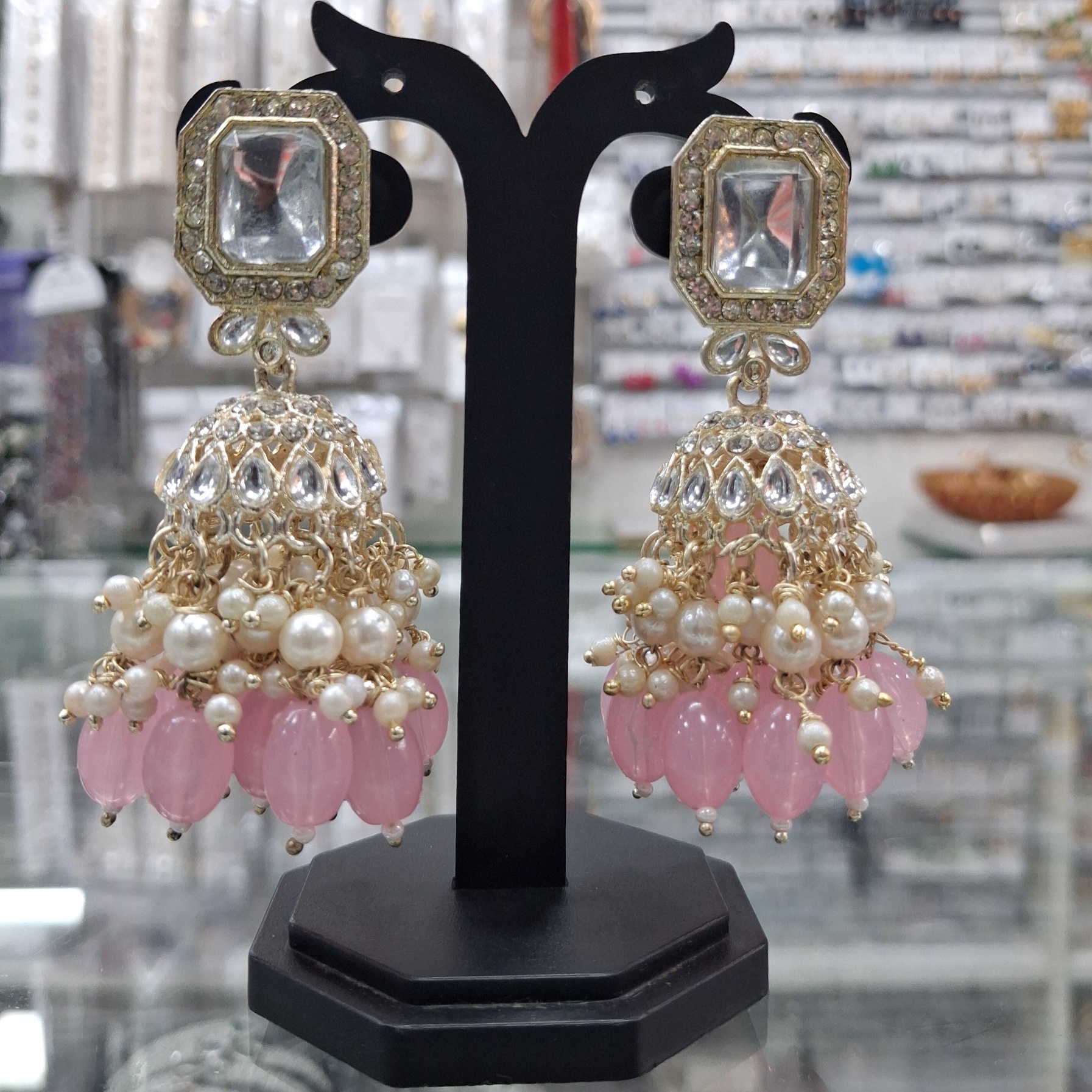 Baby Pink Kundan Pearl Jhumka Earrings — alternate view