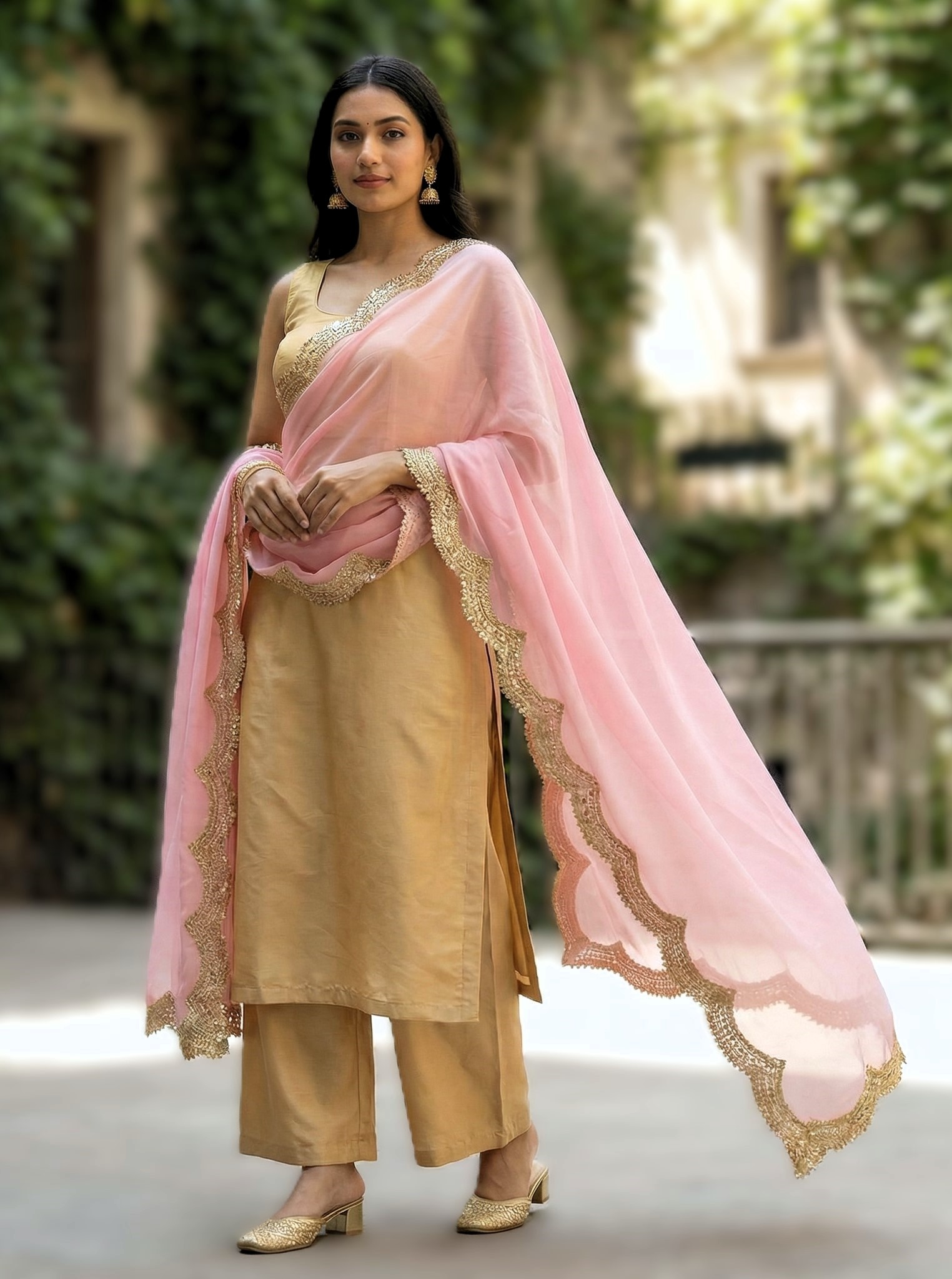 Baby Pink Organza Designer Printed Dupatta