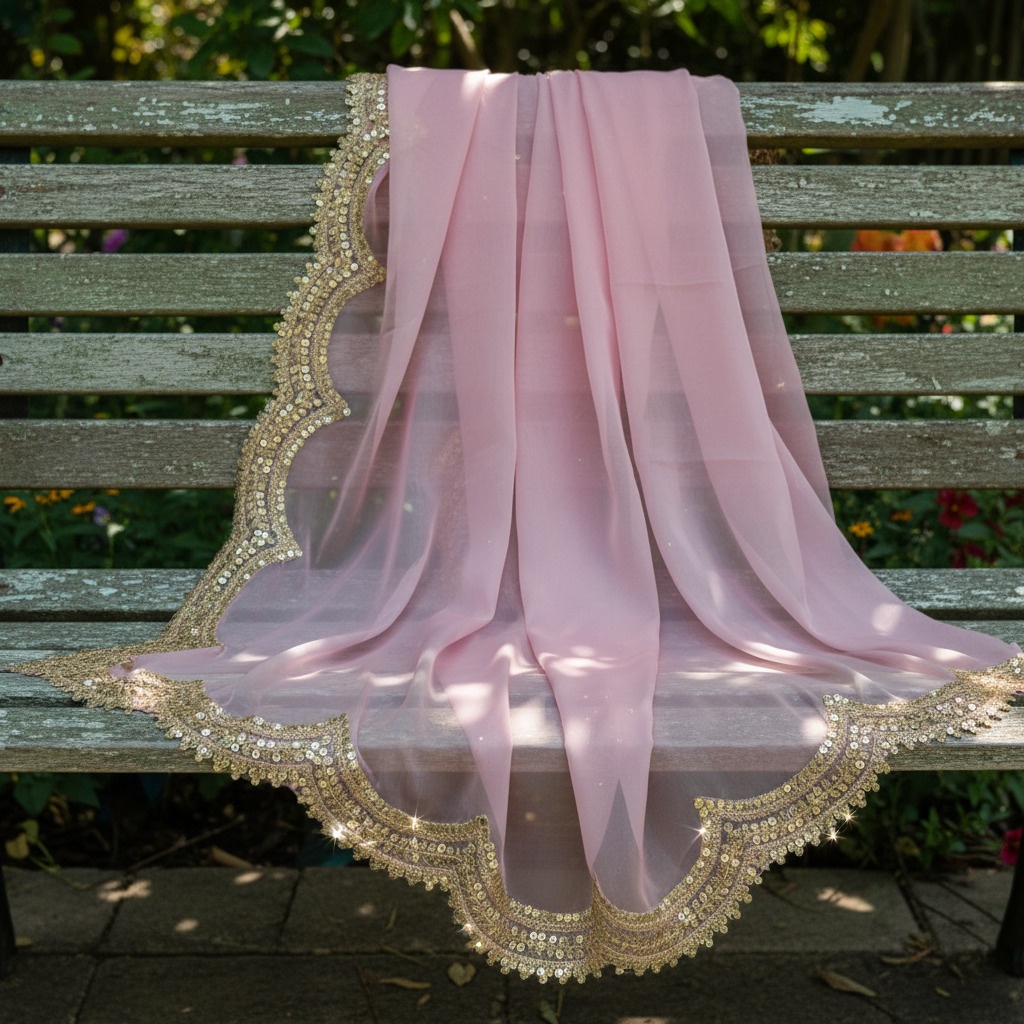 Baby Pink Organza Designer Printed Dupatta