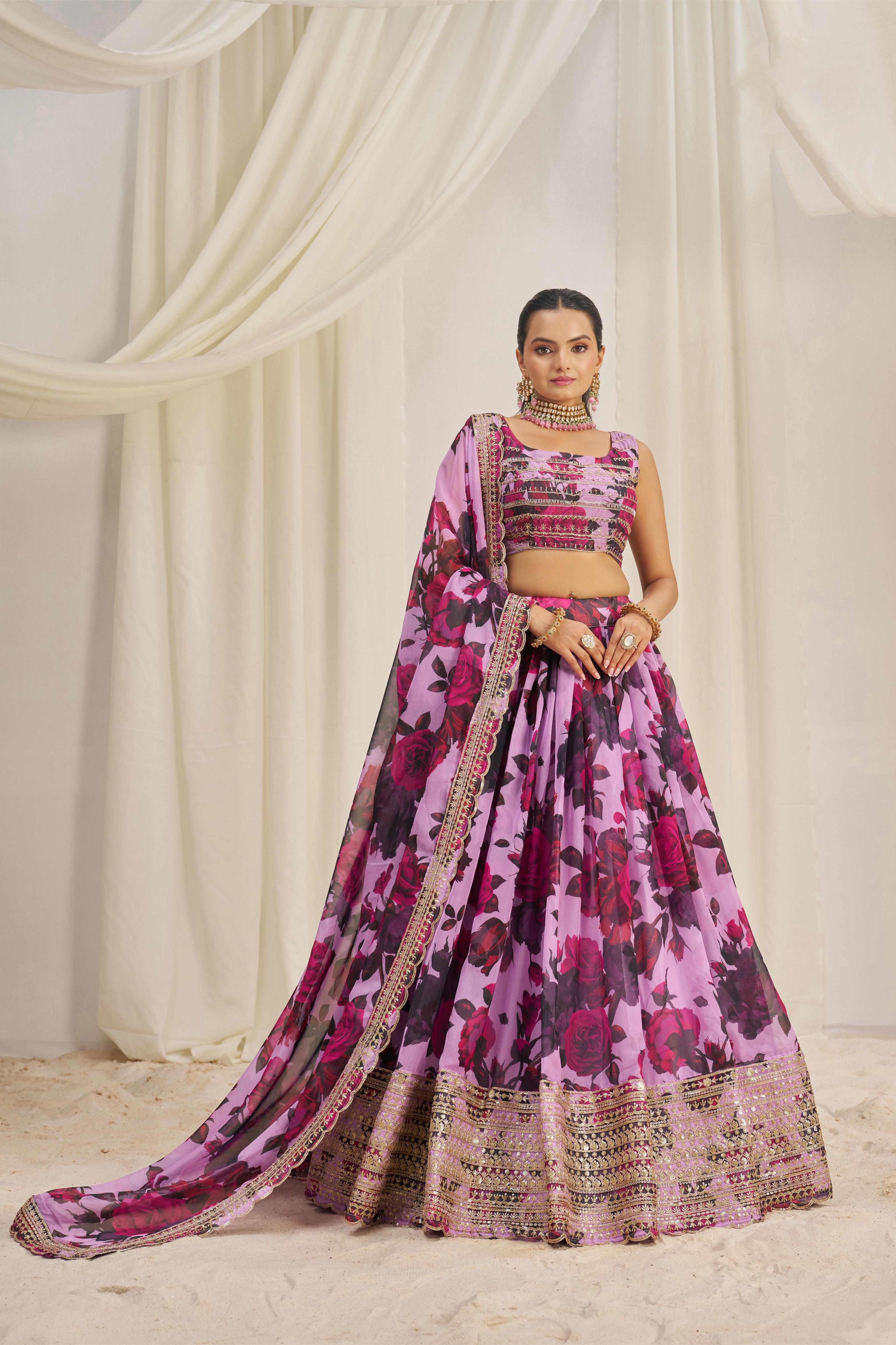Baby Pink Organza Printed Lehenga