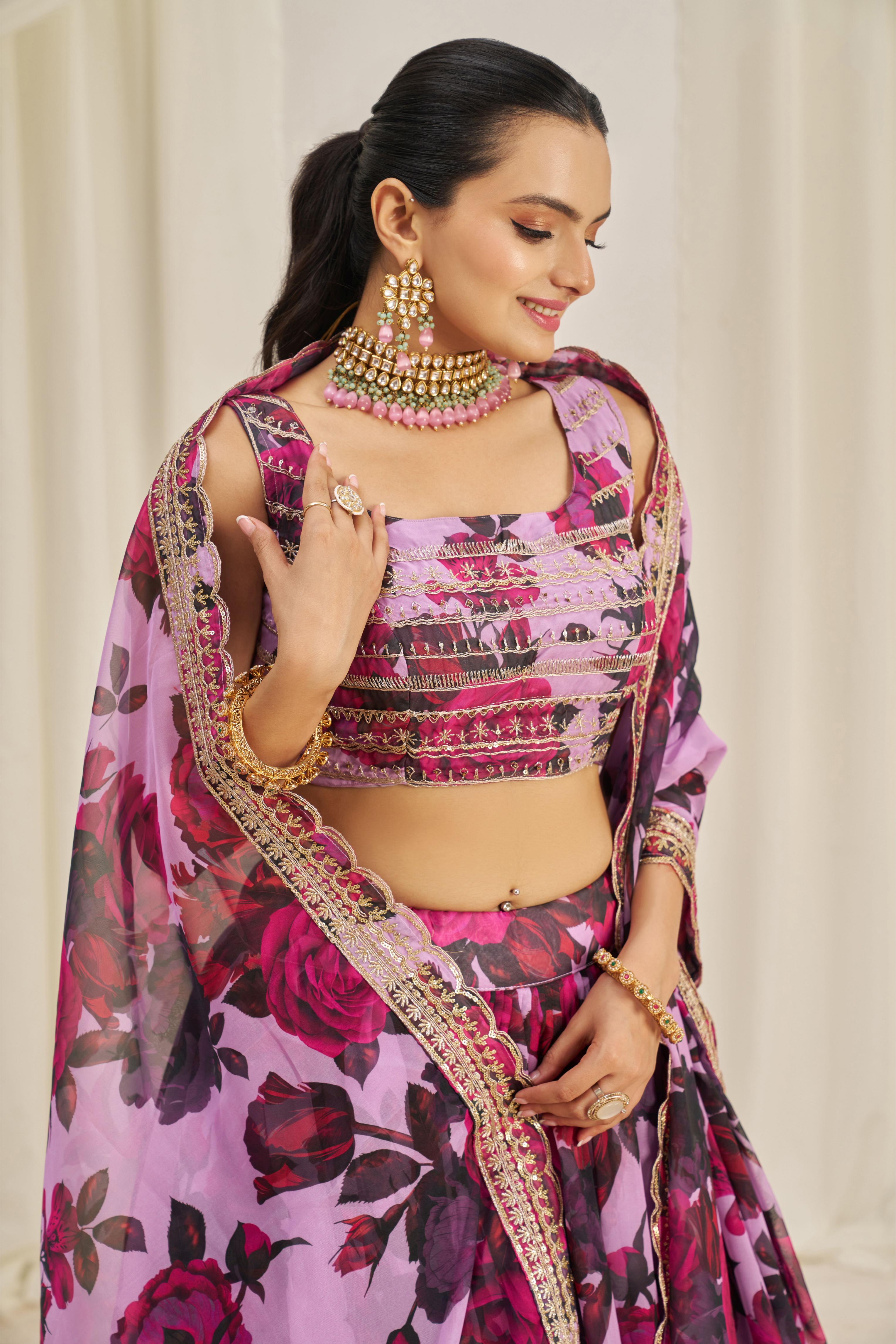 Baby Pink Organza Printed Lehenga