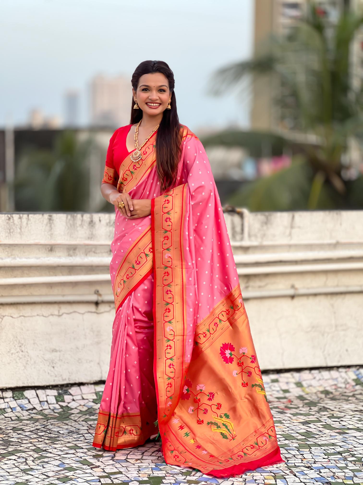Baby Pink Red Paithani Designer Soft Silk Saree