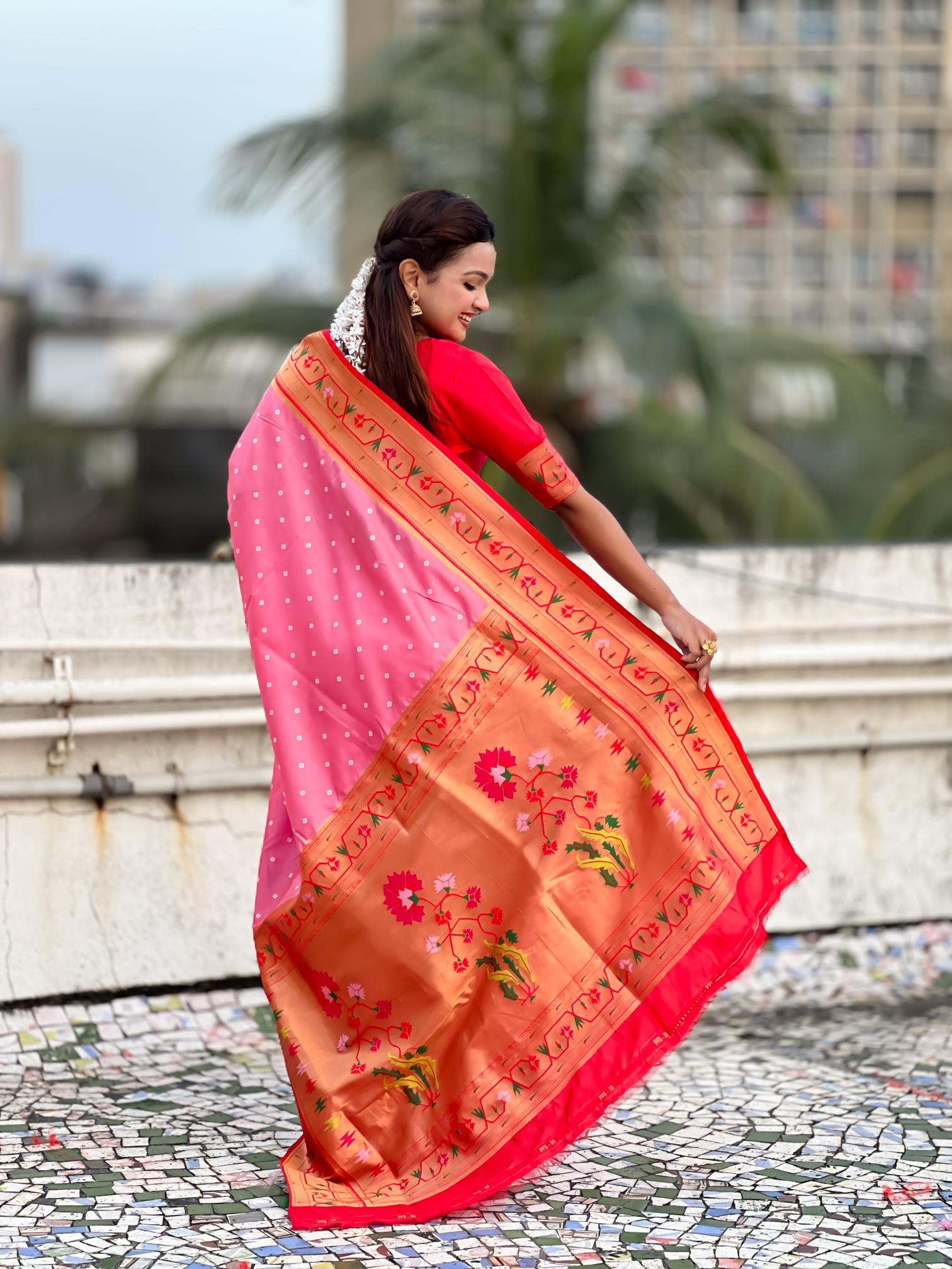 Baby Pink Red Paithani Designer Soft Silk Saree — alternate view