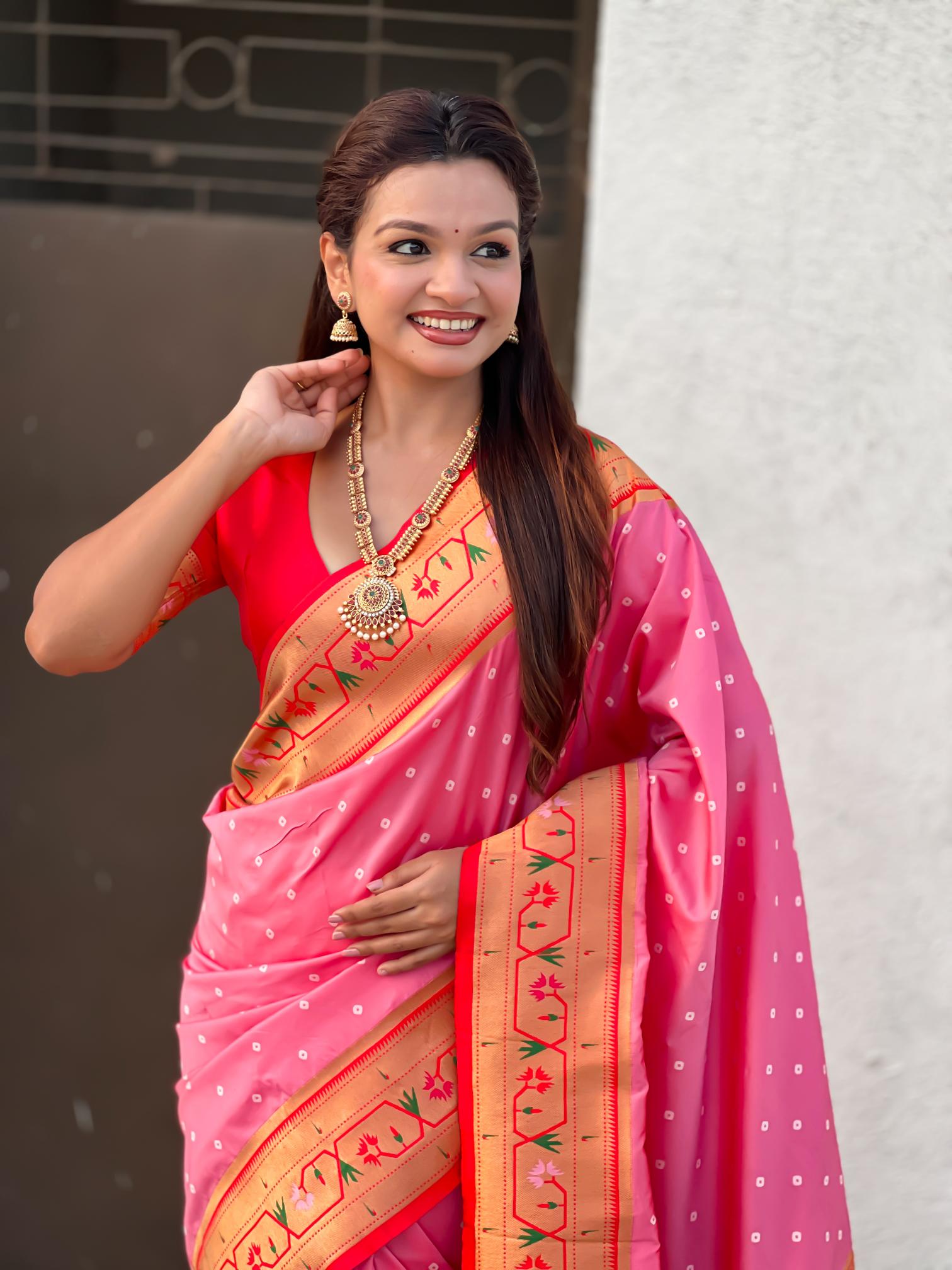 Baby Pink Red Paithani Designer Soft Silk Saree