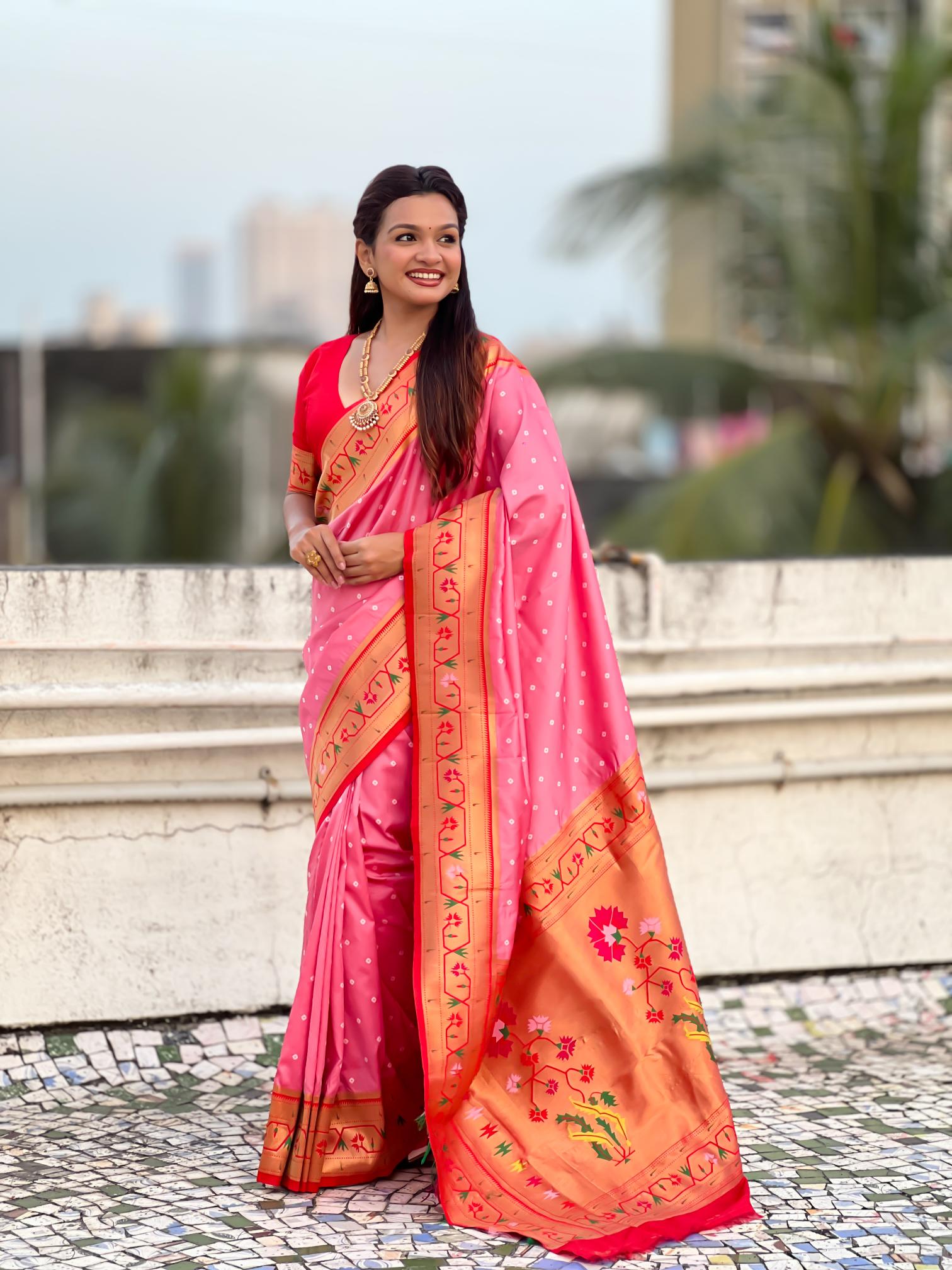 Baby Pink Red Paithani Designer Soft Silk Saree