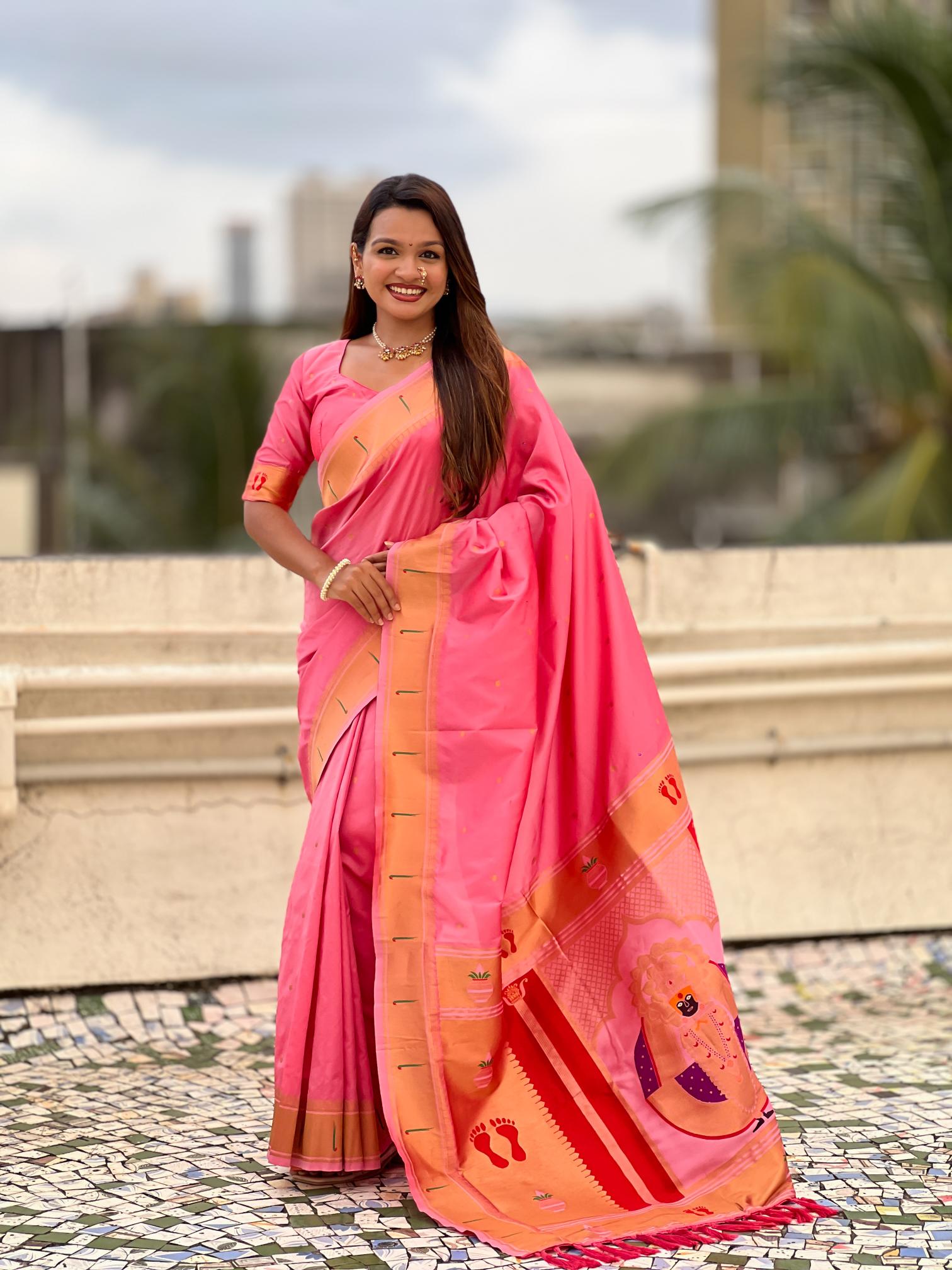 Baby Pink Soft Silk Paithani Designer Saree