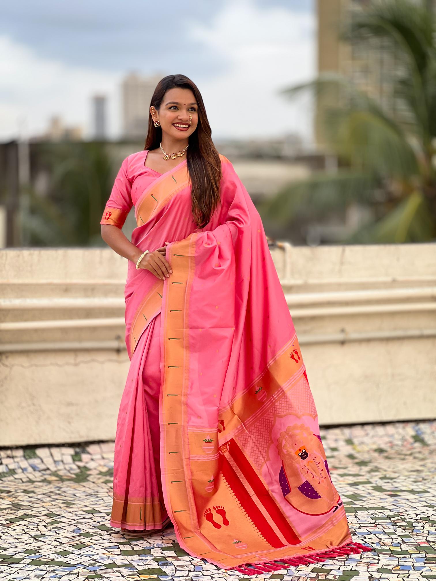 Baby Pink Soft Silk Paithani Designer Saree