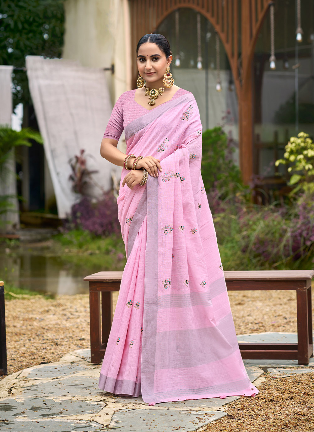 Baby Pink Woven Embroidered Linen Saree