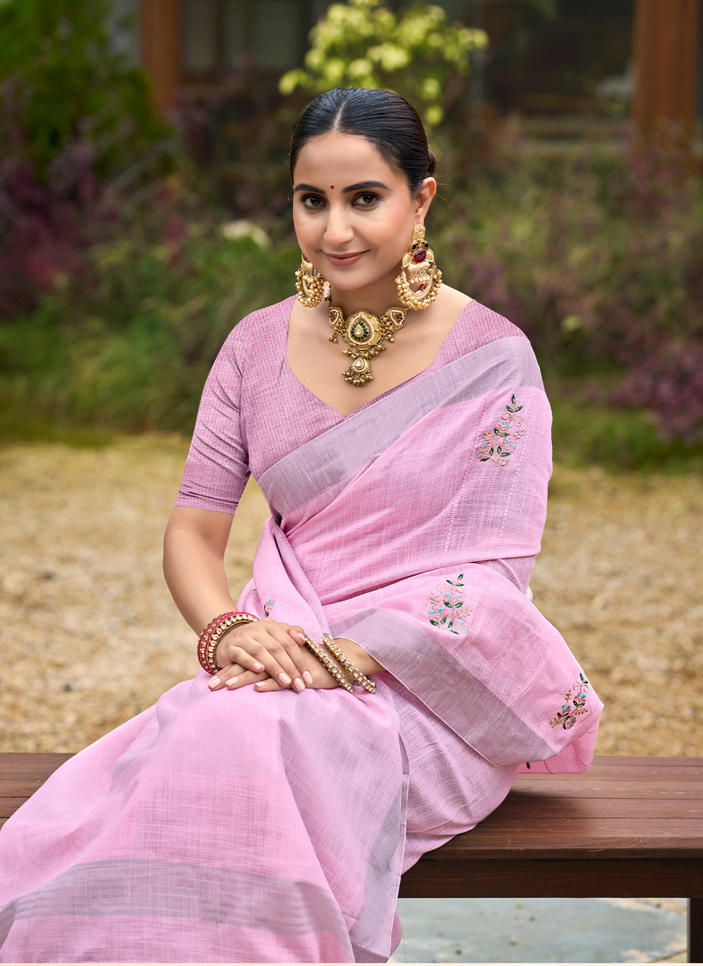Baby Pink Woven Embroidered Linen Saree