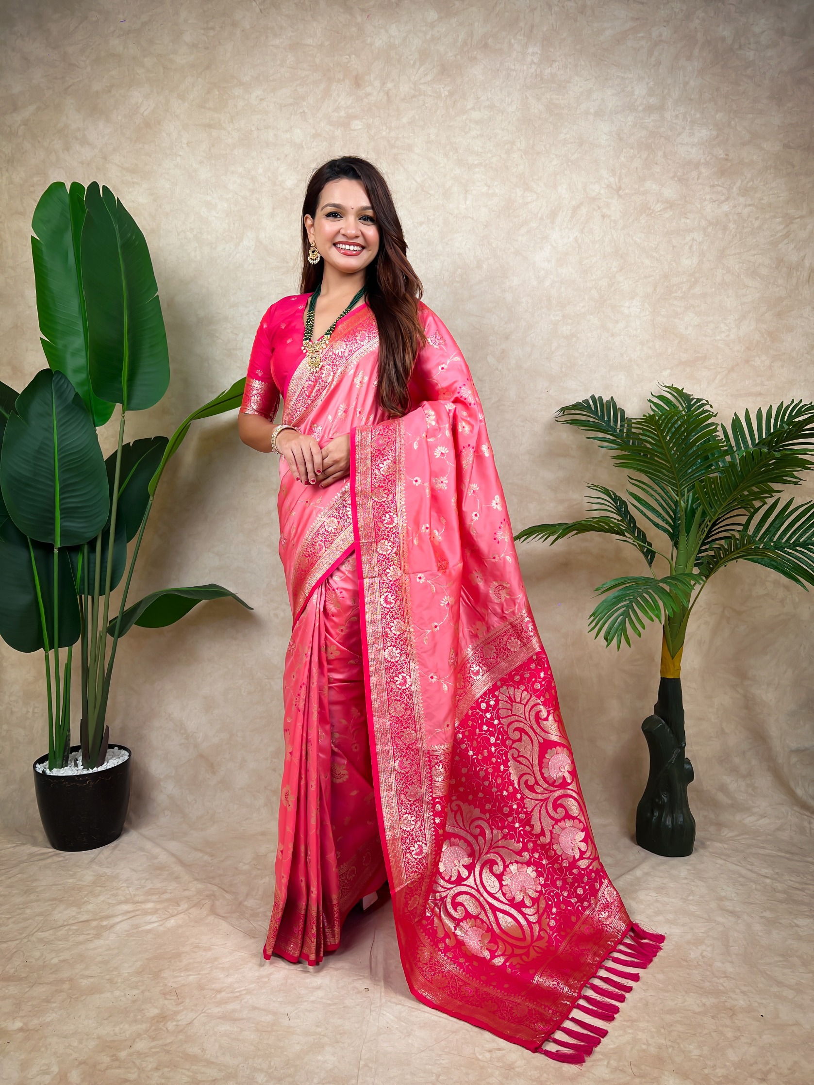 Baby Pink Woven Zari Banarasi Silk Saree